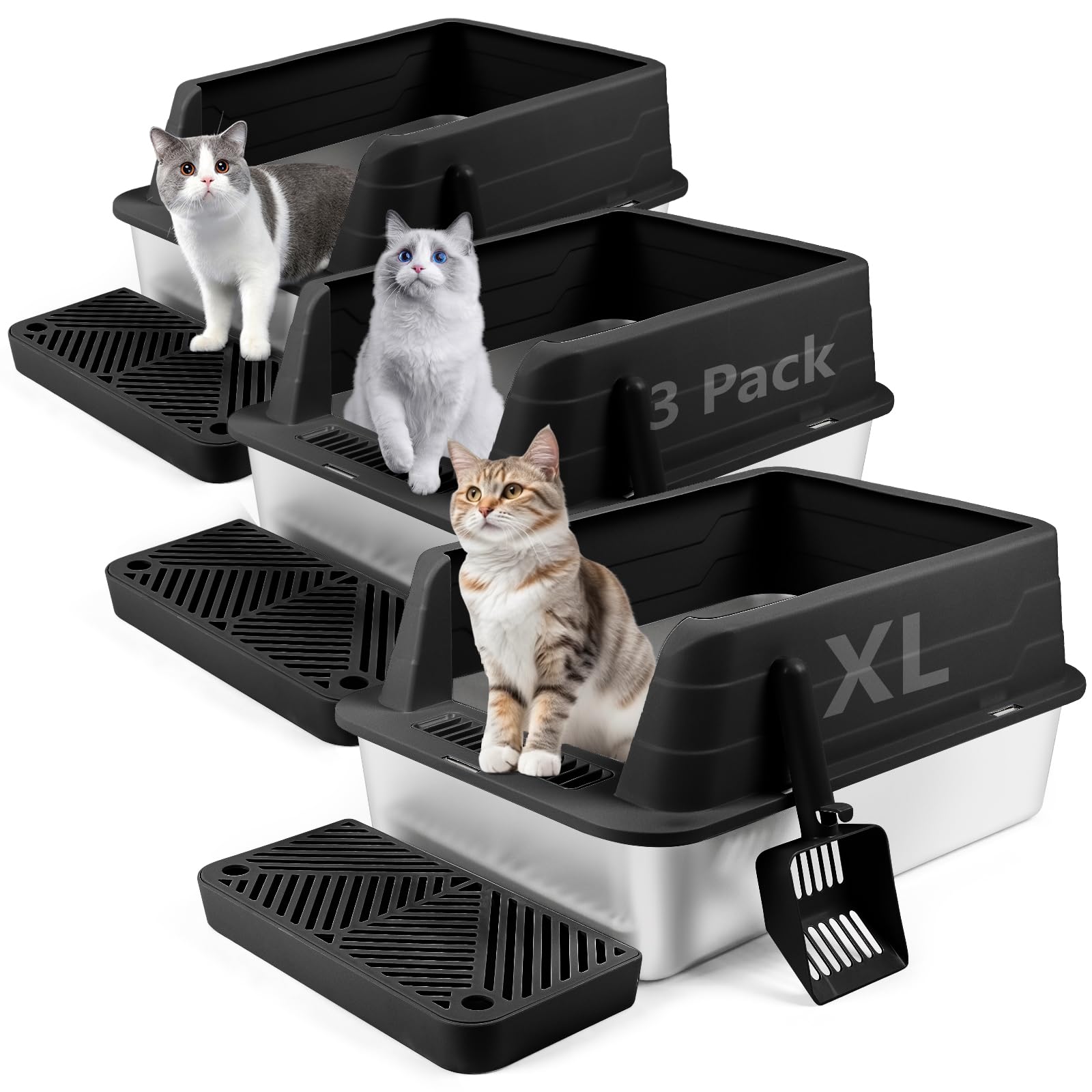 Bartuke 3 Pack Stainless Steel Litter Box, XL 22.9” x 15” x 10.3” High Sided Metal Cat Litter Tray with Scoop, Filter Pedal for Anti-Splash, Non-Sticky, Easy to Clean (Black)