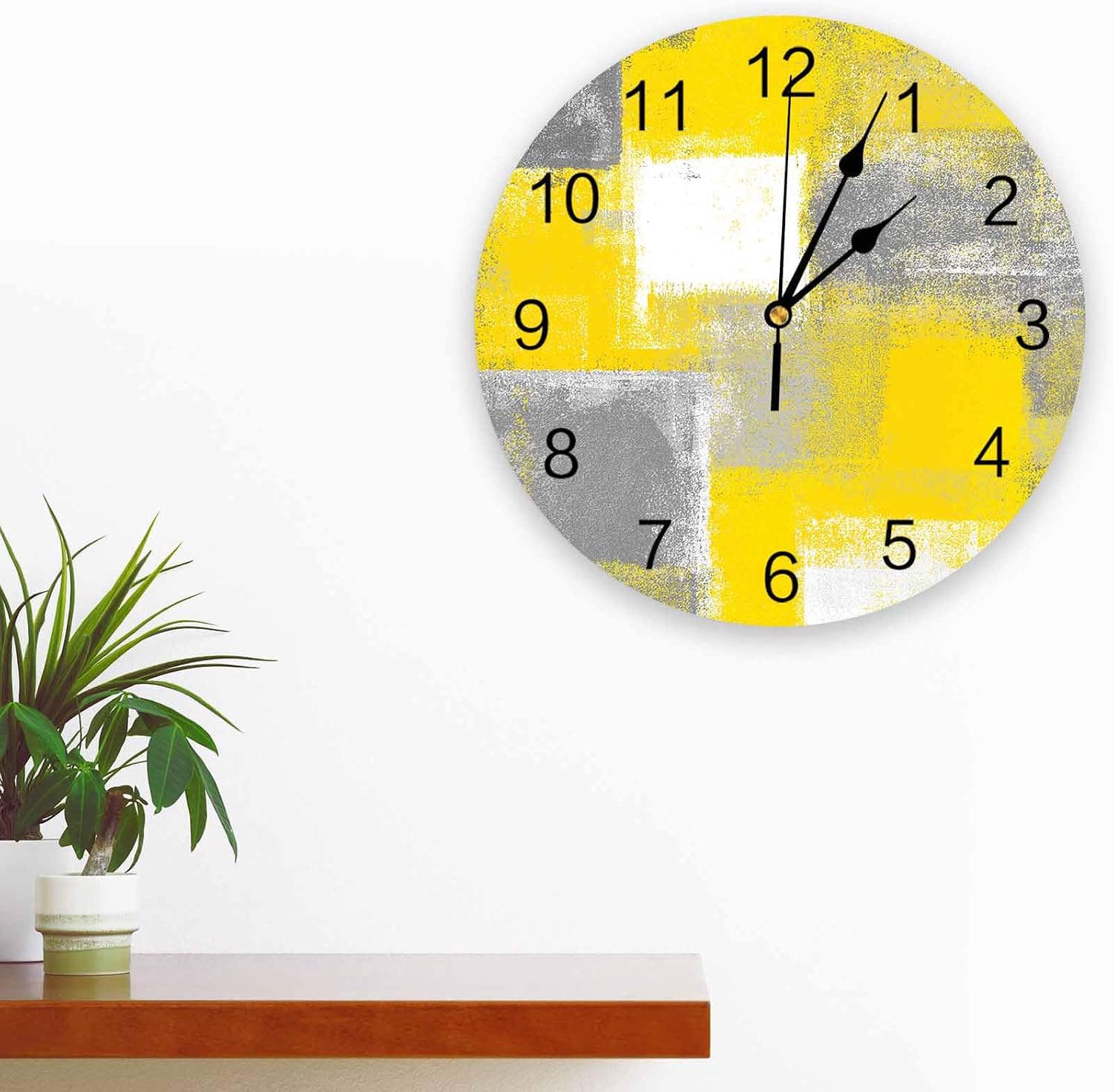 Yellow Gray Abstract Silent PVC Wall Clock 12 Inch Round Yellow Grey Oil Painting Hanging Clock for Kitchen Non Ticking Battery Operated Living Room Mute Clock