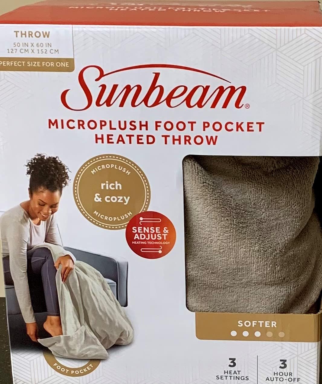 Newell Brands Sunbeam MIcroplush Soft Electric Heated Throw Blanket with Foot Pockets 3 Heat Settings and Auto-Off, Beige Full
