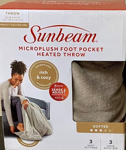 Newell Brands Sunbeam MIcroplush - Manta térmica eléctrica suave con bolsillos para los pies, 3 ajustes de calor y apagado automático, color beige
