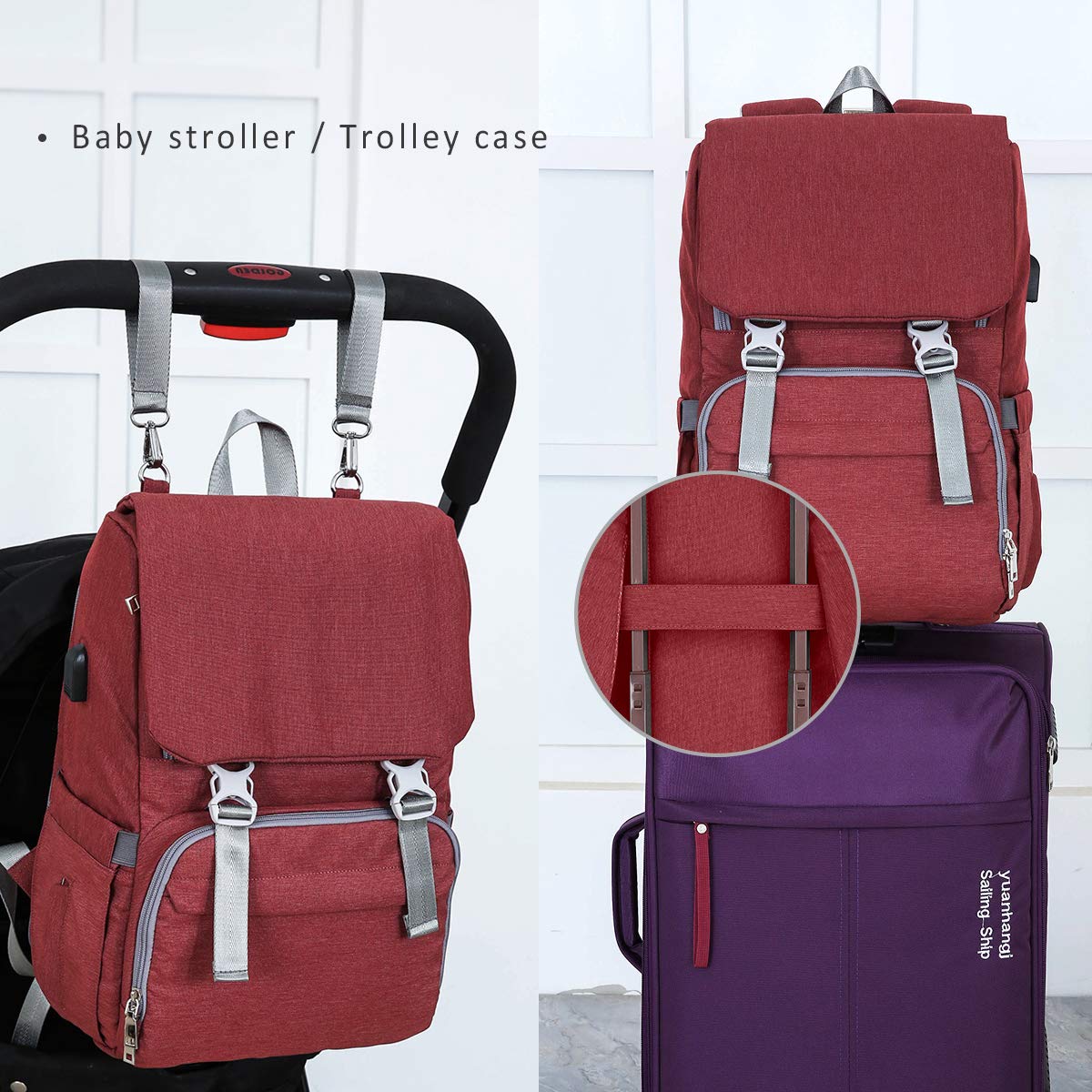 SONARIN Multifunzione Impermeabile Zaino Fasciatoio Bambino con Fasciatoio da viaggio,interfaccia USB,Bottiglia borse termiche,Grande Capacità,Lavabile in lavatrice,Resistente(Rosso)