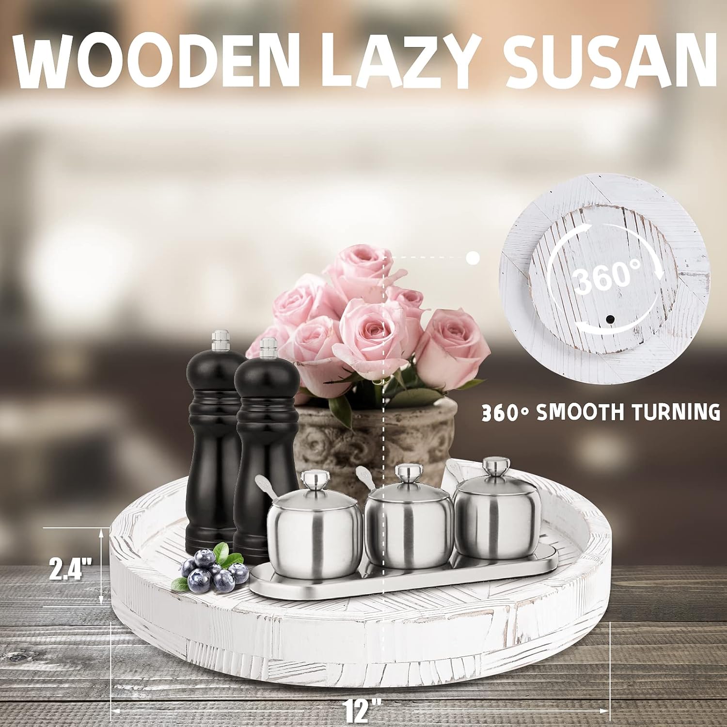 12 Inch Rustic Farmhouse Wood Lazy Susan Turntable for Table, Tomoaza White Herringbone Decorative Turntable Tray, Dining Table Centerpiece and Cabinet Organizer