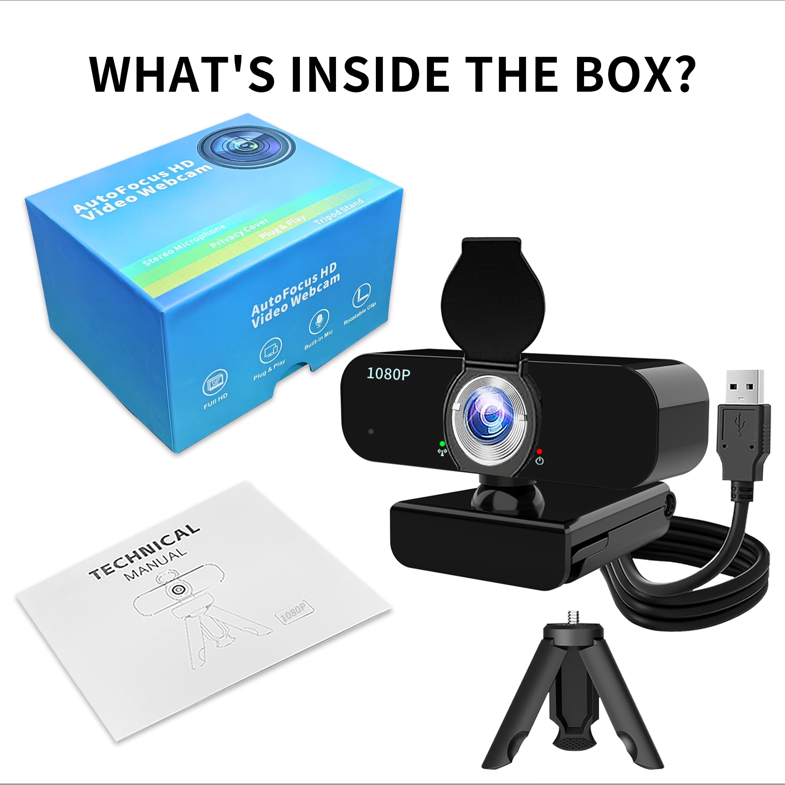 Cámara web 1080P para computadora/portátil/escritorio/PC, cámara externa con micrófono, USB Plug & Play, corrección automática de poca luz, cubierta de privacidad, trípode, gran angular para reunión 9