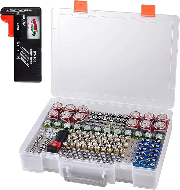 Battery Storage Case Organiser, 200+ Batteries Buddy Holder Organizer Box with Tester Checker BT-168. Garage Gadget Organization Holds AA AAA C D Cell 9V 3V Lithium LR44 CR2 CR1632 Button Batteries