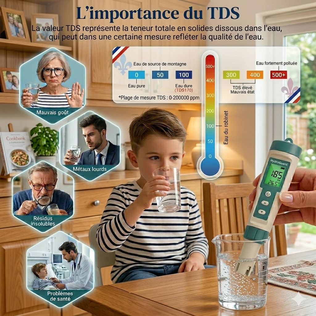 pH Chlore Mètre Piscine 8 EN 1, Tester pH Chlore (FAC) TDS EC Salinité ORP et Température avec ATC, Testeur Qualité Eau étanche IP67, précision élevée pour eau potable, spa, hydroponie