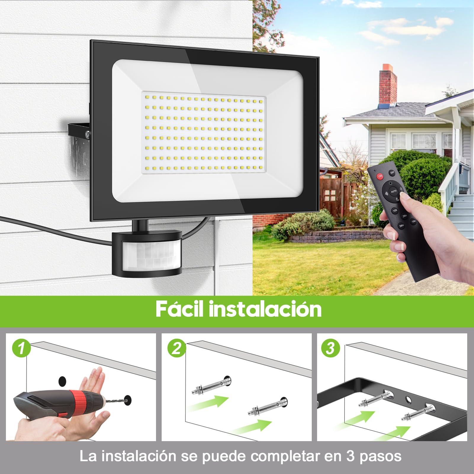 Sararoom Foco LED Exteriore con Sensor de Movimiento 150W, 15000LM Foco Proyector LED, 2pz 6500K Blanca fría Luz de Seguridad, IP65 Impermeable Floodlight para Jardín Garaje Patio Estadio Hotel Naves