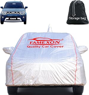 FAMEXON Full Body Car Cover for Maruti Suzuki Ignis with Mirror and Antena Pocket Triple Stiched(Silver with Red Piping) Price In India