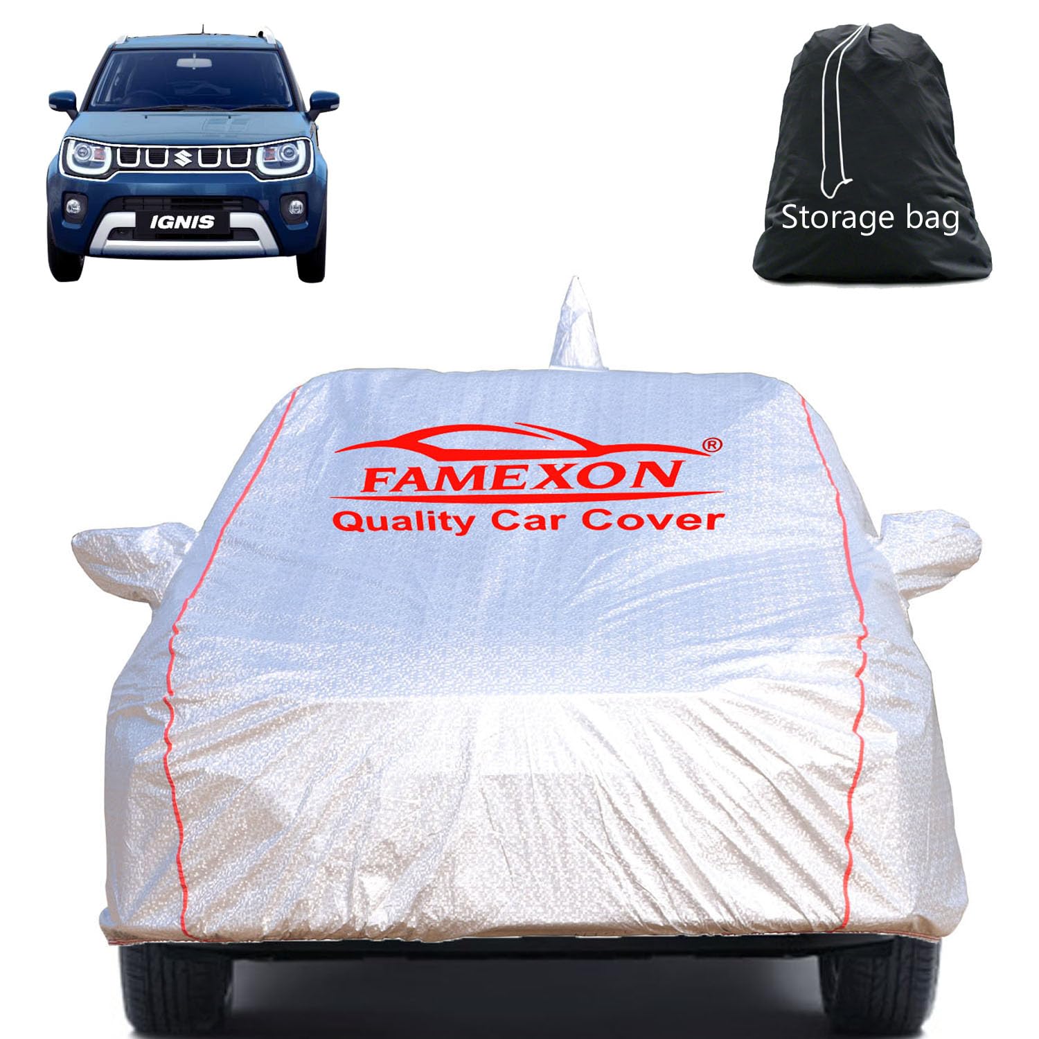 FAMEXON Full Body Car Cover for Maruti Suzuki Ignis with Mirror and Antena Pocket Triple Stiched(Silver with Red Piping)