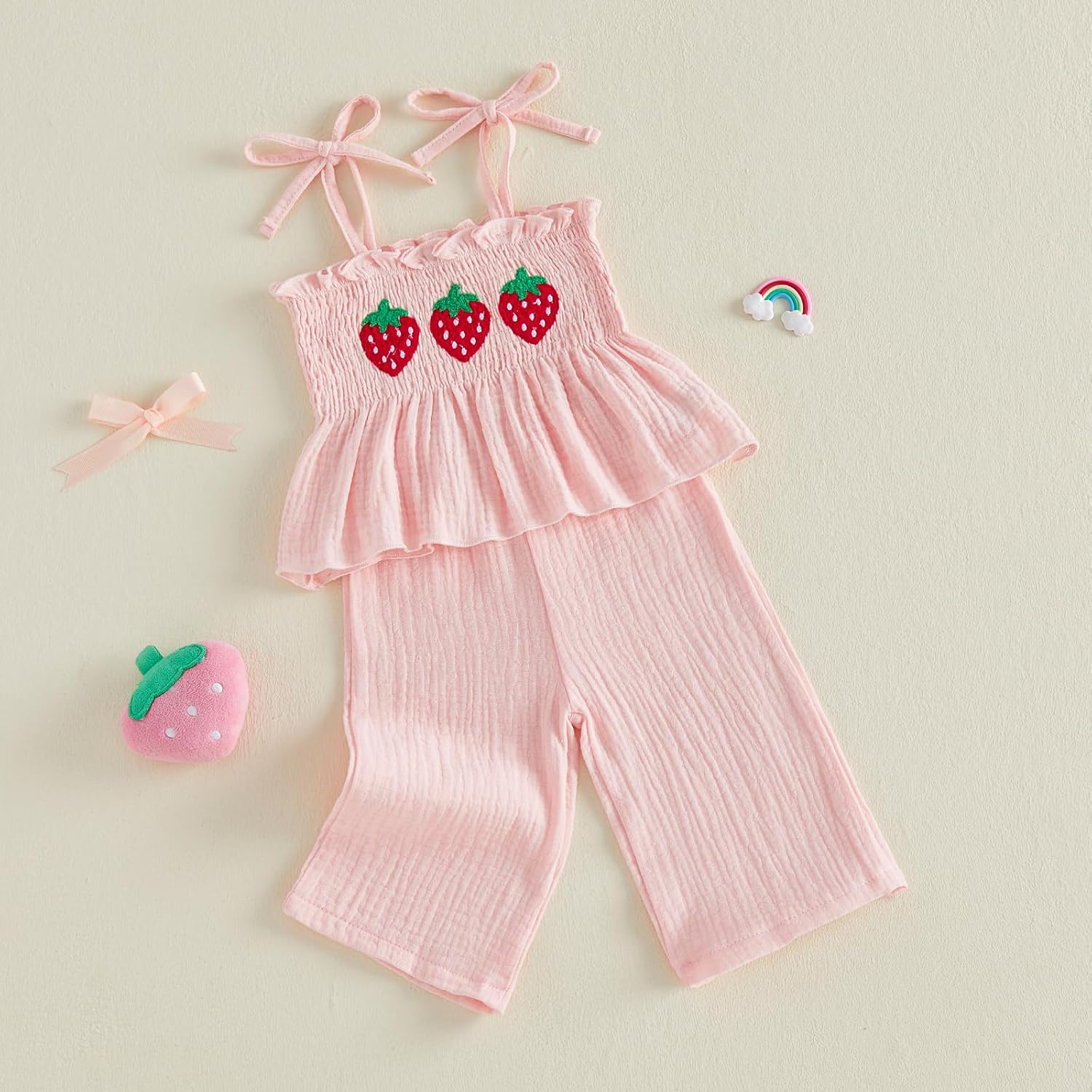 Toddler Girl Summer Outfits Ladybug/Strawberry Embroidery Smocked Cami Tops + Elastic Waist Long Pants 2 Piece Set