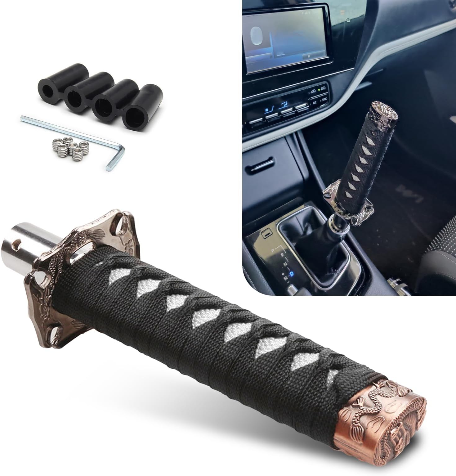 Pack-1 Samurai Sword Car Gear Shift Knob with Installation Tool, Durable Metal Manual Vehicle Transmission Controller Bar, Universal Automotive Gear Shift Knob Accessories (Black & White)