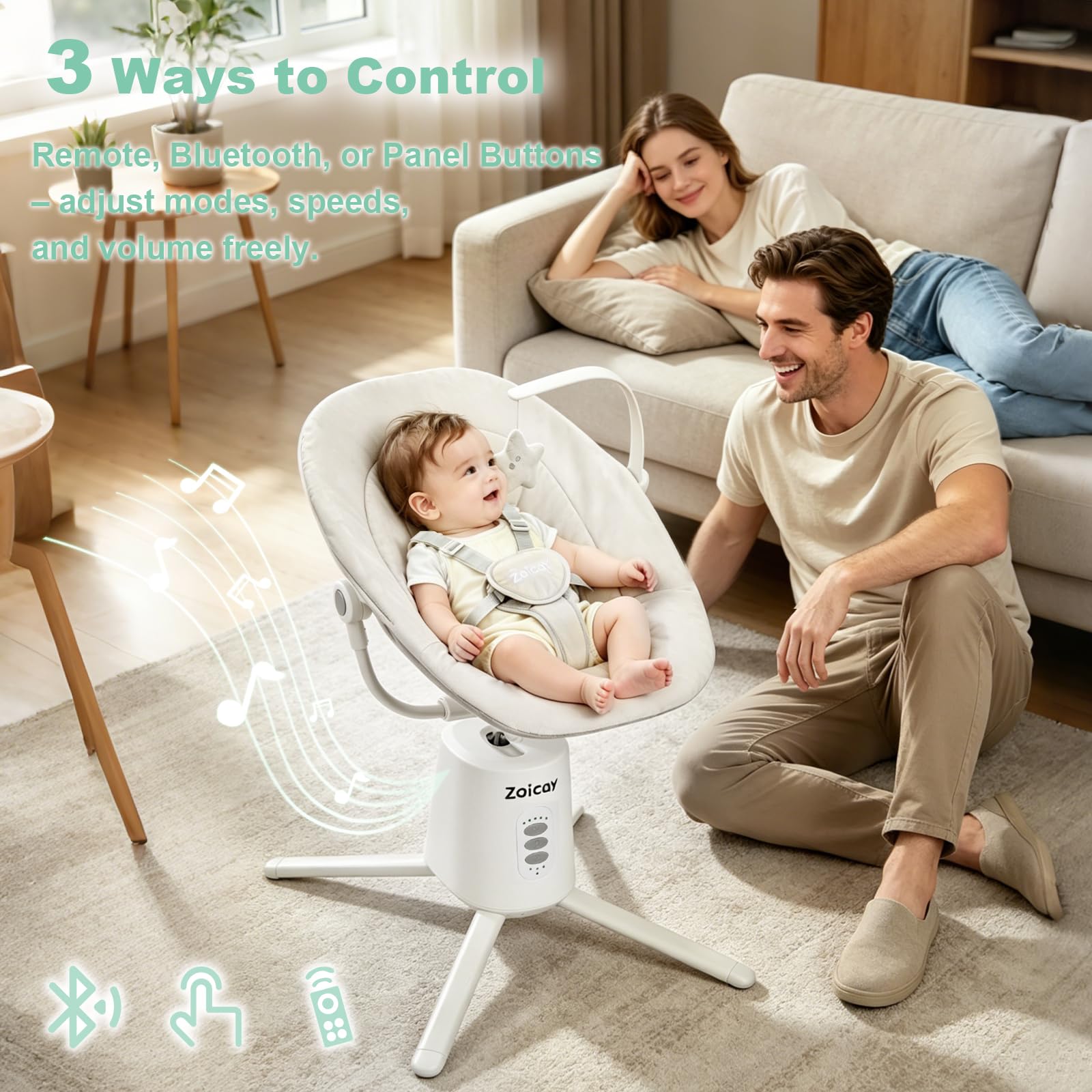 Sdraiette e dondolini Zoicay sdraietta neonati elettrica 3 modalità con Regolazione del sedile e bluetooth telecomando integrata timer e musica per 0-9 mesi bambino uso interno ed esterno (Bianco)
