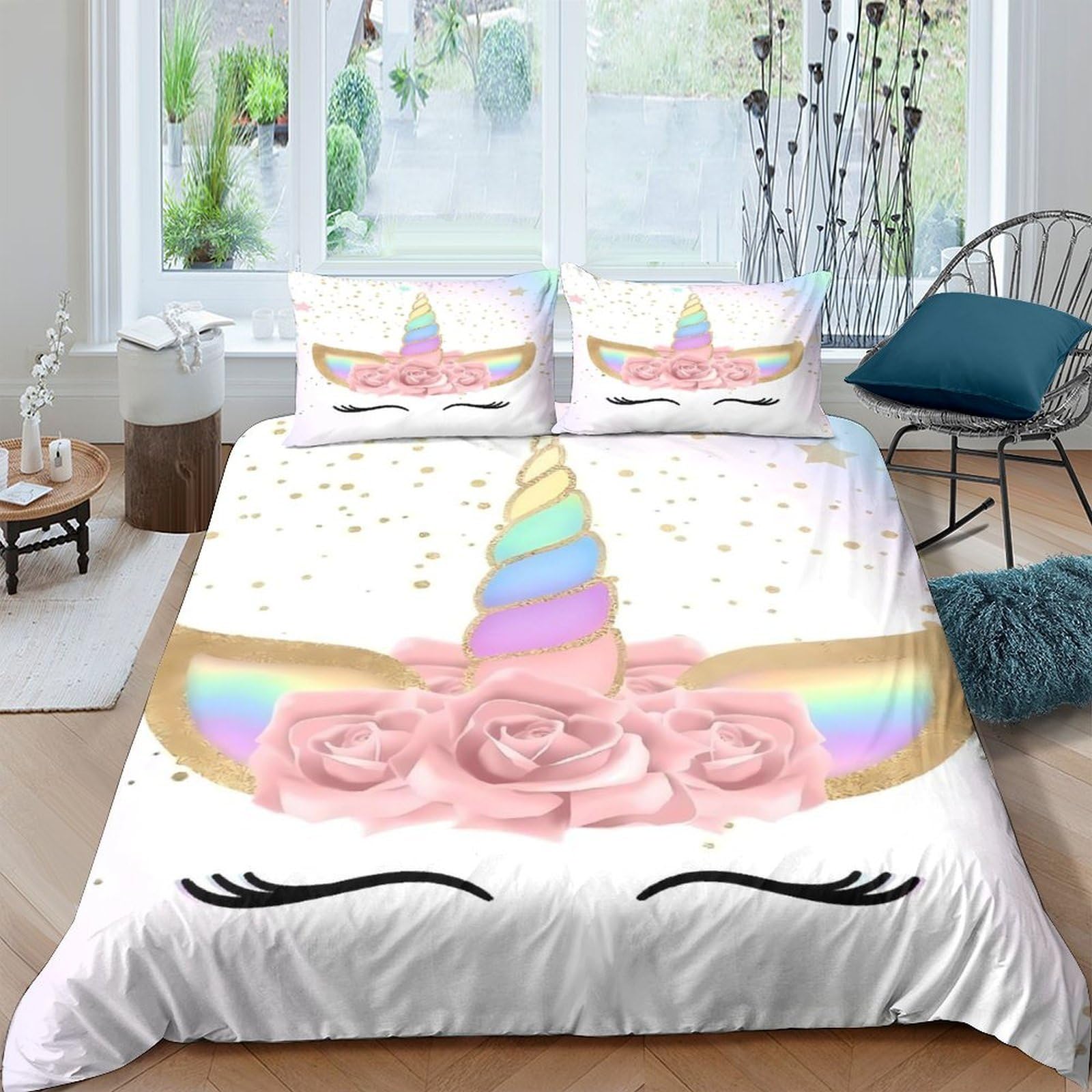 Ctjqhvkz Style-8 3D Printed Unicorn Pink Floral Fitted Sheet Microfiber Soft Bedroom Decor Rainbow Bed Cover For Adult Teen Single（135X200cm）