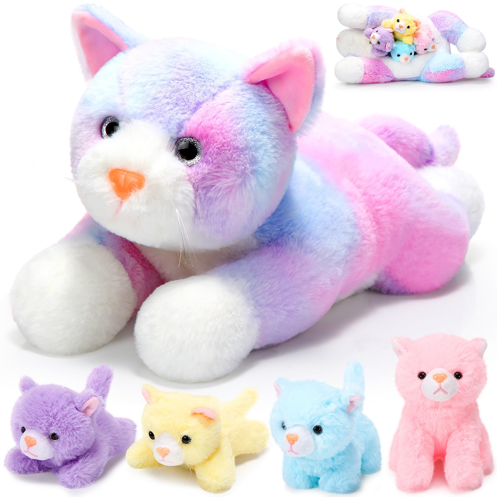 Skylety 5 Pieces Cat Stuffed Animal with Babies Inside Mommy Cat with 4 Cute Fluffy Plush Kittens in Cat's Belly Nurturing Cat Huggable Sleeping Birthday Surprise Gifts(Colorful)