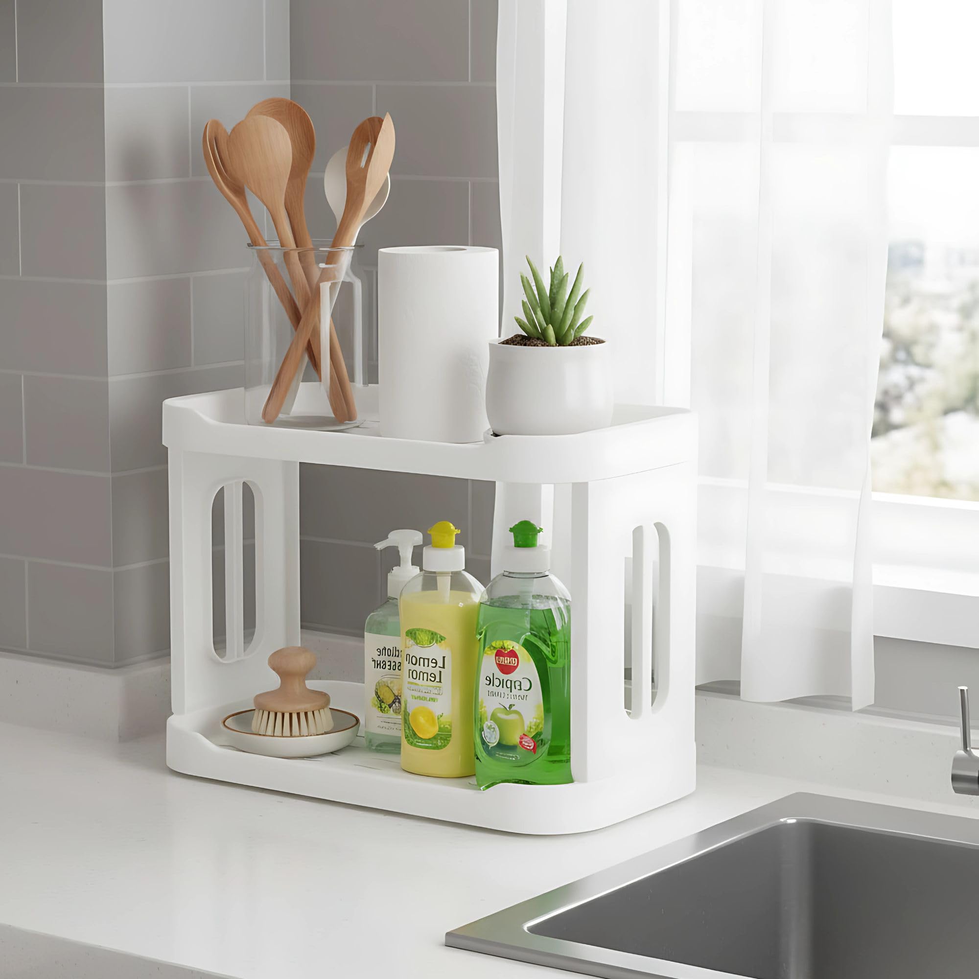 hian 2-layer storage rack | 28.2 x 16.3 x 20.5 cm, white,pack of 1 | pp plastic,detachable design | saves space & keeps essentials within reach | ideal for office,kitchen,bathroom,vanity accessories