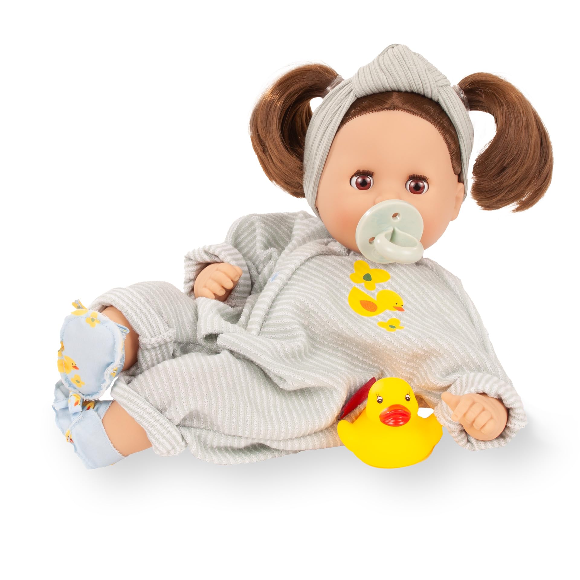 Götz 2616074 Cosy Aquini Little Duck Puppe 33 cm Badepuppe 7-TLG | für Kinder ab 3 Jahren, Babypuppe, Weichkörper, braune Schlafaugen, braune Haare, Schnuller und Badeente