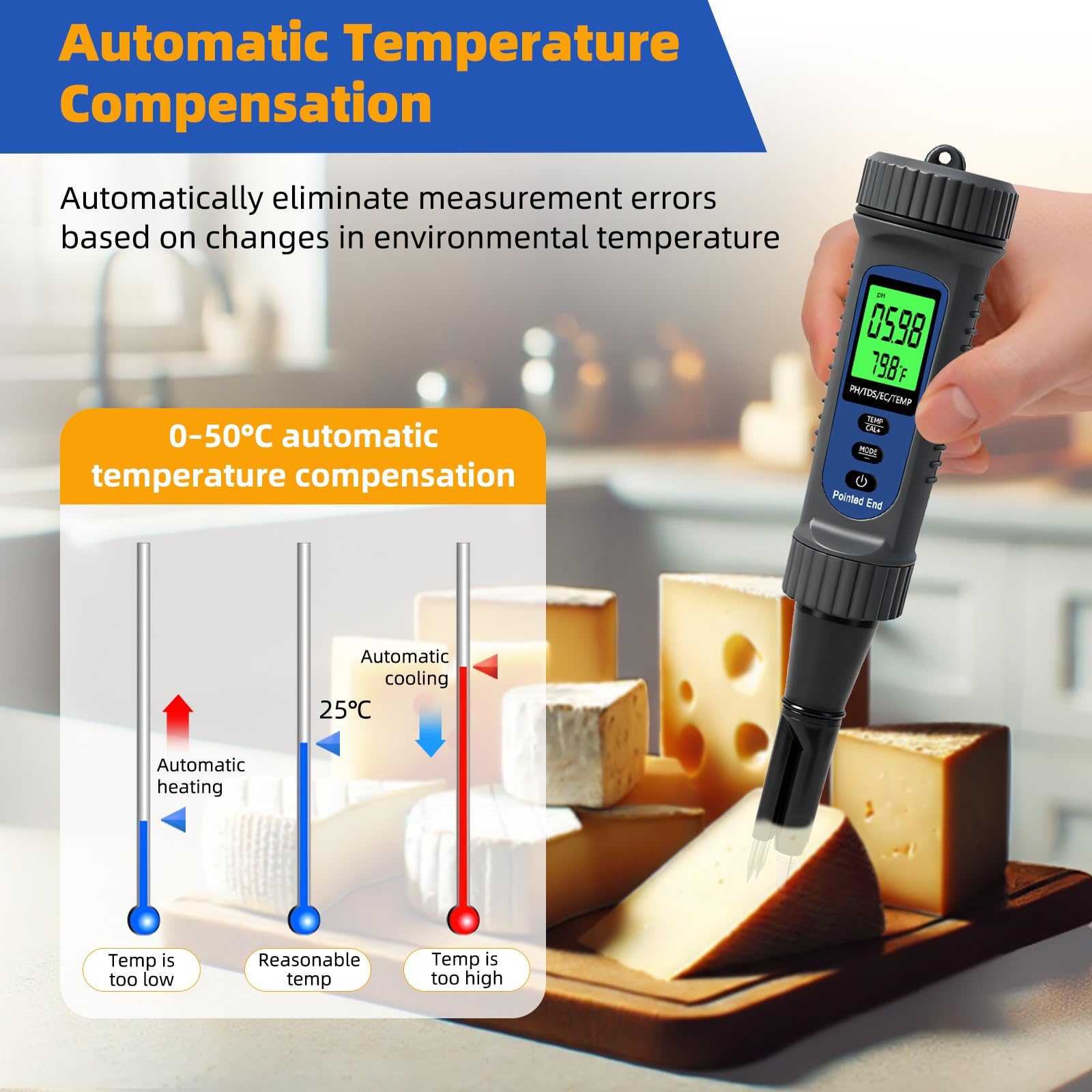 Miernik temperatury PH EC TDS 4 w 1 do wody i żywności Dokładny Tester LCD ATC Wymienna elektroda jakości