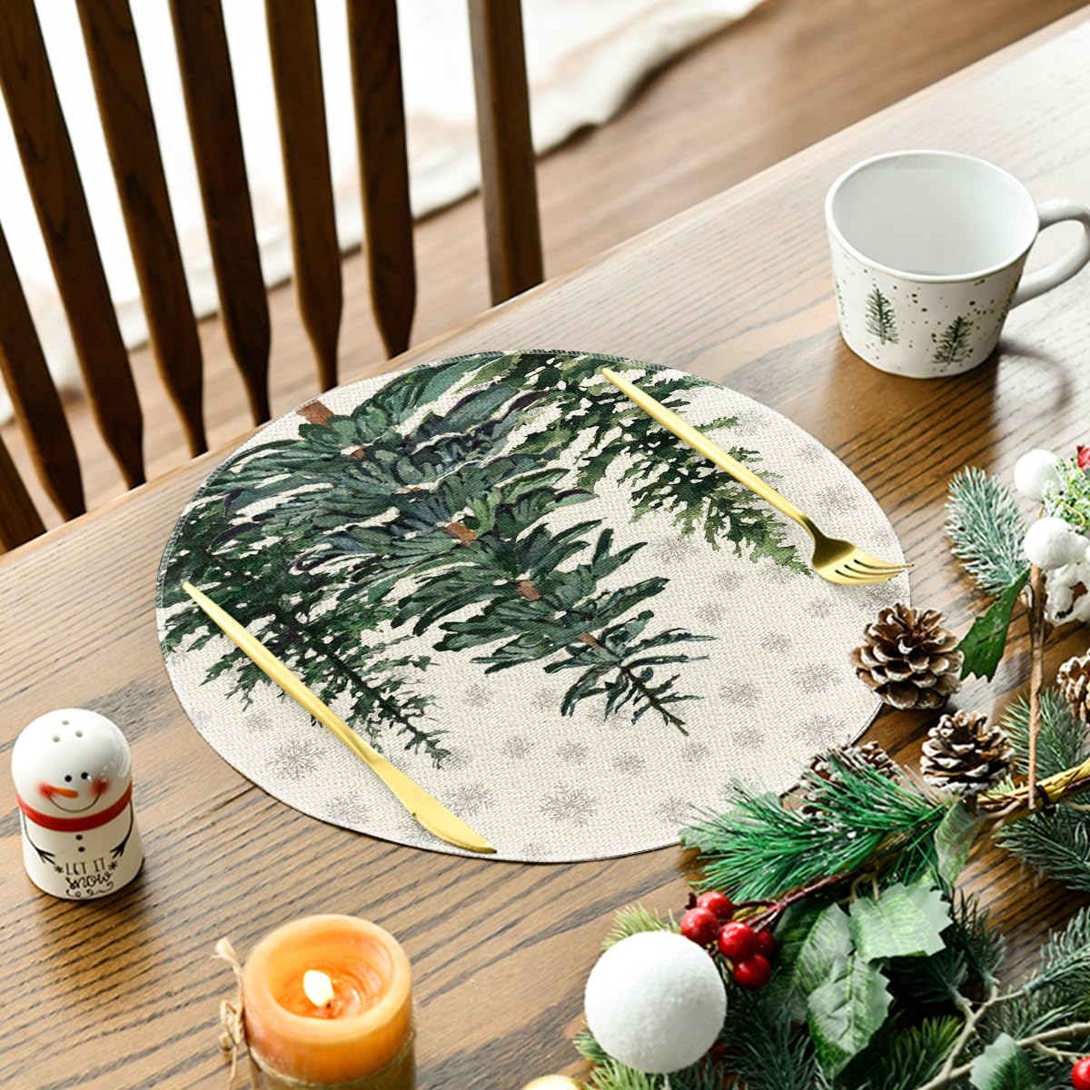 Artoid Mode Pine Trees Snowflakes Christmas Placemats Set of 4, Round 37cm Seasonal Winter Xmas Holiday Vintage Washable Table Mats - Image 3