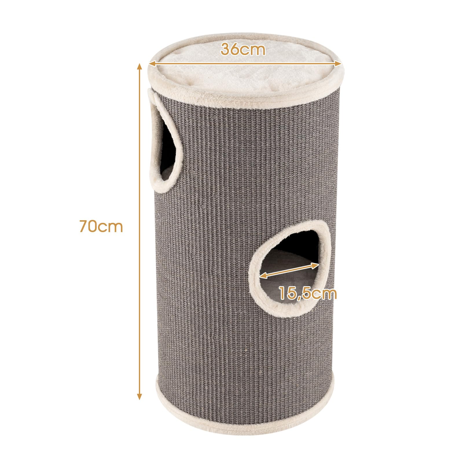 GYMAX Tonneau à Gratter pour Chat 70cm avec 3 Cachettes, Tour à Griffer Chat avec Perchoir en Peluche, Griffoir en Sisal, Entrées, Meuble Colonne Multi-Niveaux pour Chatons, Ø 36 cm