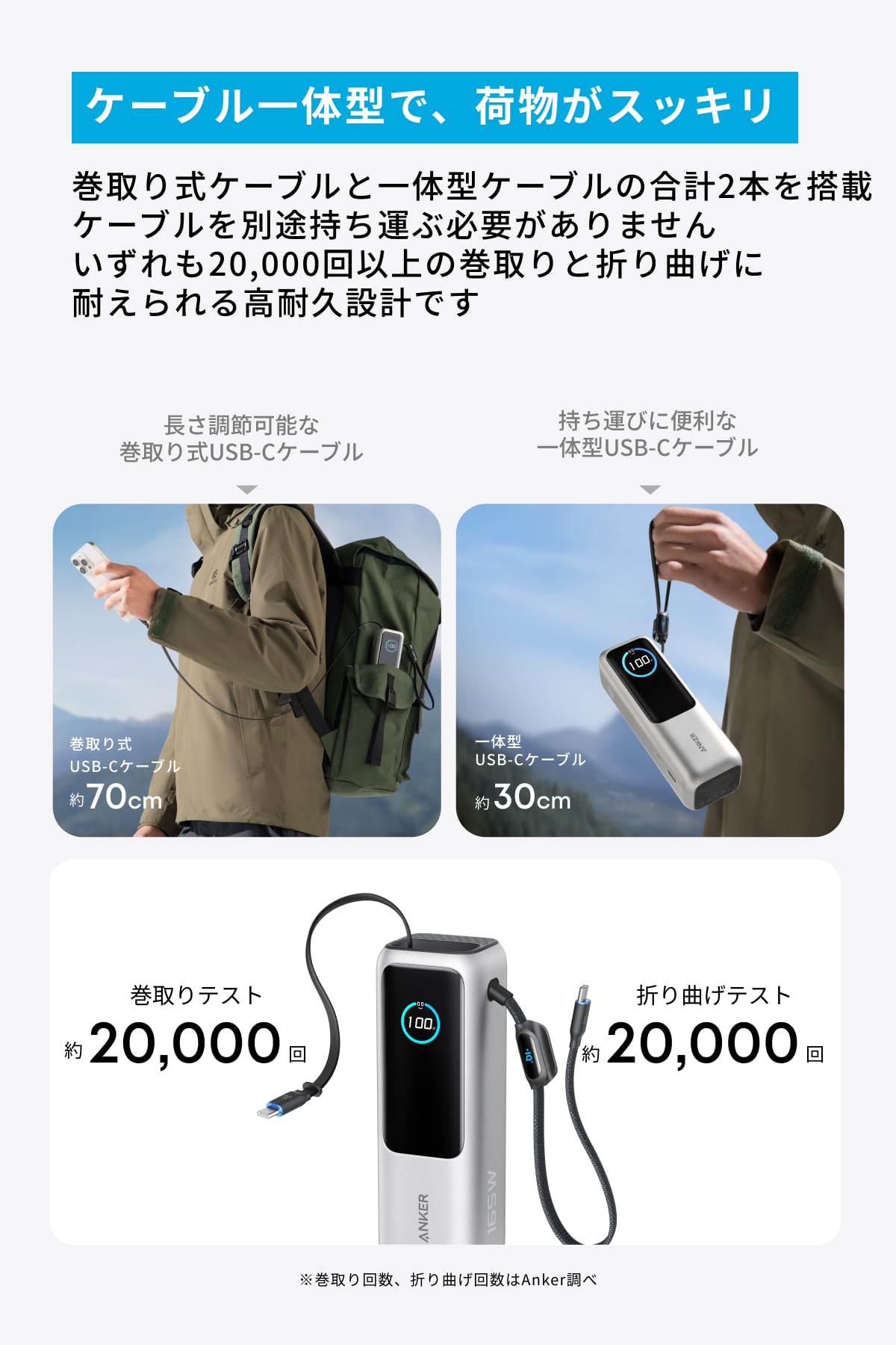 Amazon | Anker Power Bank (25000mAh, Built-In & 巻取り式USB-C