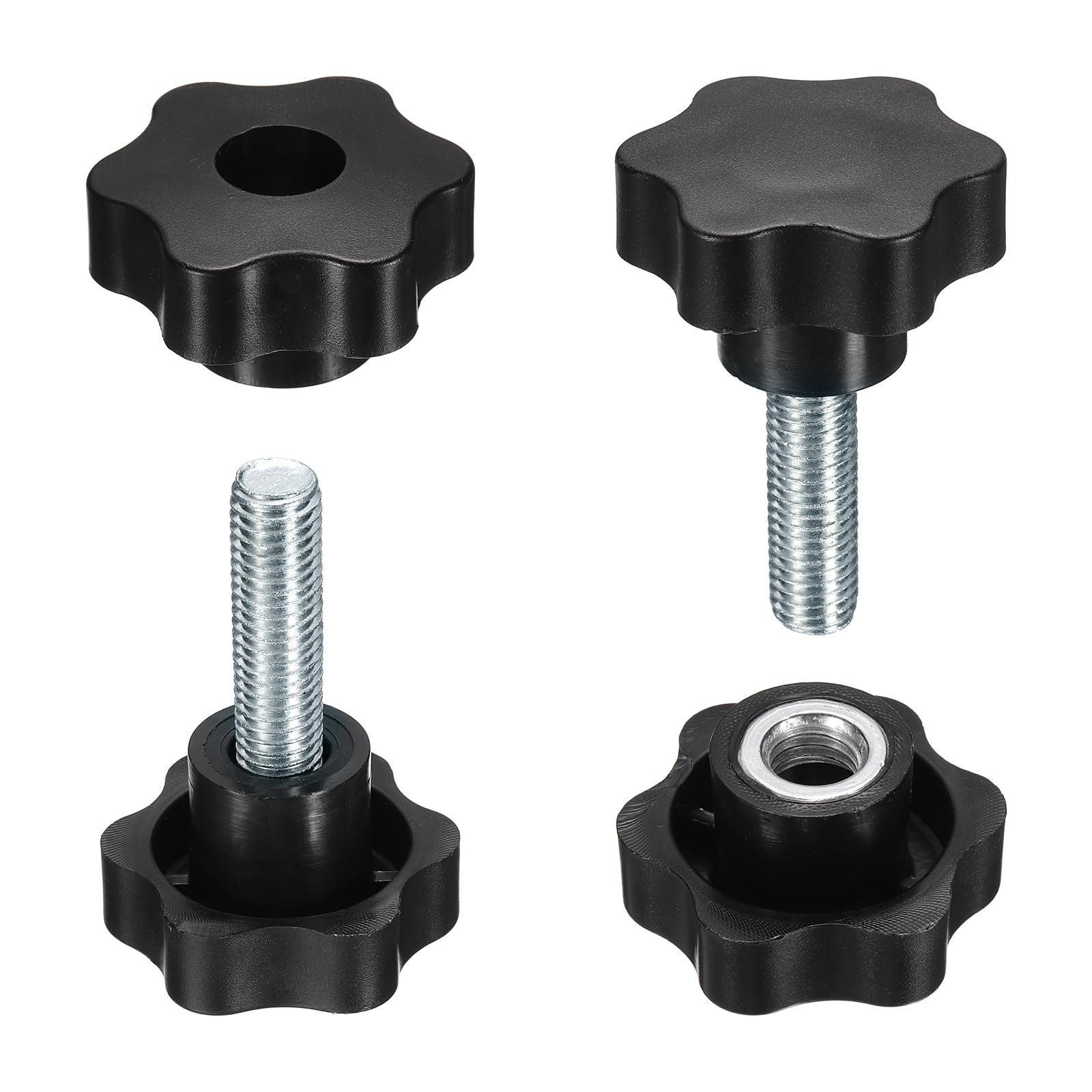 sourcing map 2 Set Star Knobs M12 x 25mm Male + M12 Female Thread 48mm Head Metric 6-Star Threaded Stud Clamping Handles Screw in Through Hole Hand Jig Knob Thumb Screws, Black