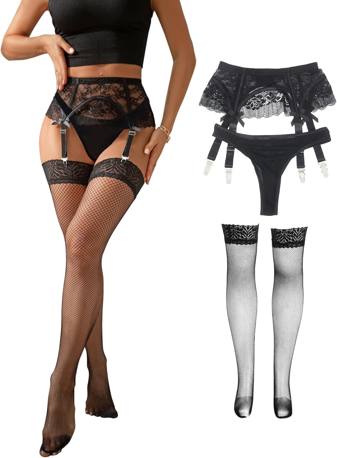 comeondear Women Lace Garter Belt Plus Size Garter Belt Set with 4 Straps Black Suspender for Thigh Highs Stocking