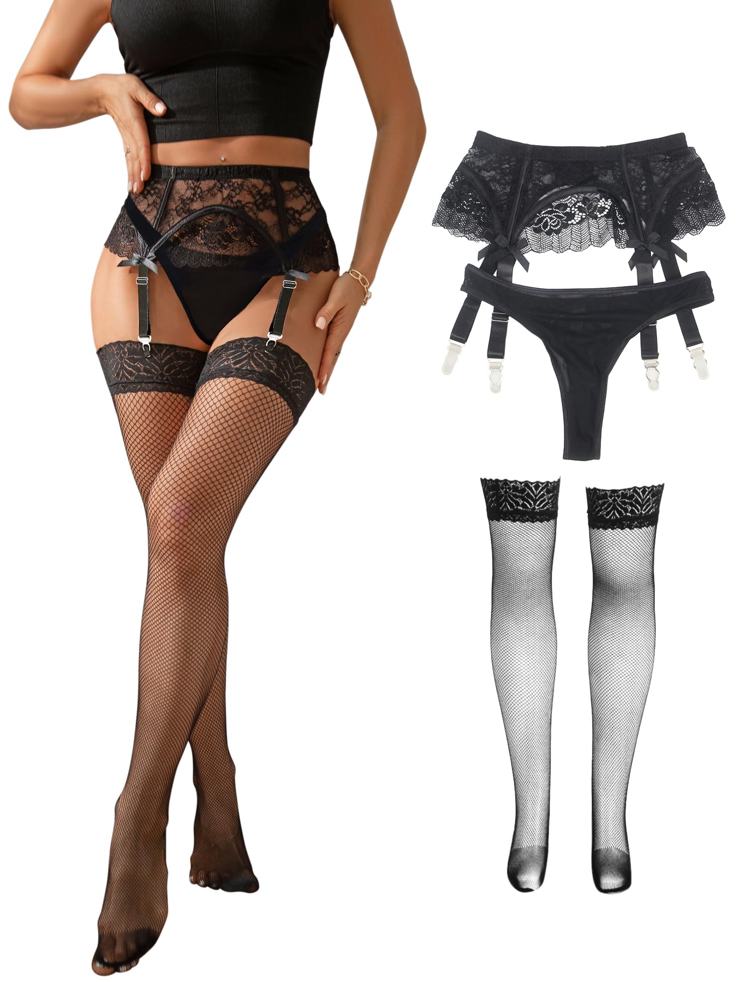 ohmydear Strapsgürtel Damen Spitze Strumpfgürtel mit 4 Clips Strapshalter Übergrößen Sexy Strapse mit Strumpfhalter Dessous Set Hohe Taille Garter Belt Strapse Set mit Panty für Weihnachten XS-4XL