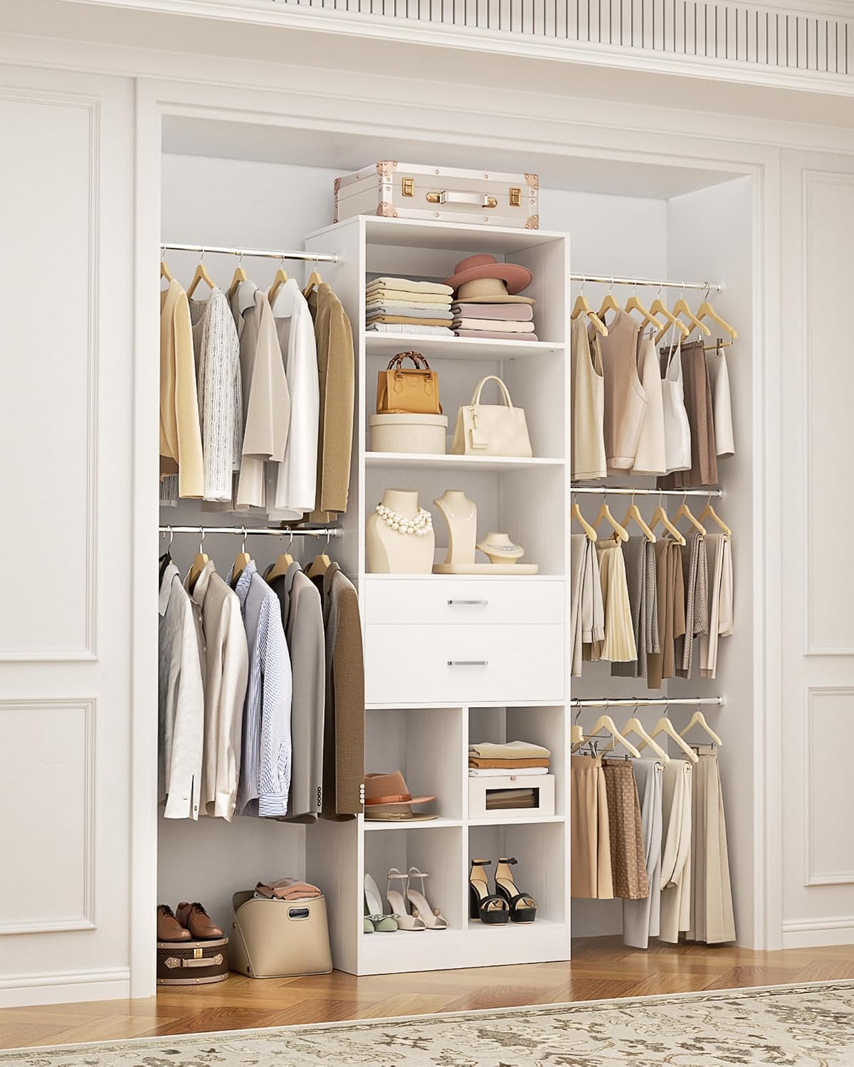 Besiost Small Closet System, 3.2-6.8FT Small Closet Organizer with 2 Drawers & 5 Hanging Rods, Can Fit 37.5 to 81.9 inch Walk-in Closet System, Built-in, White