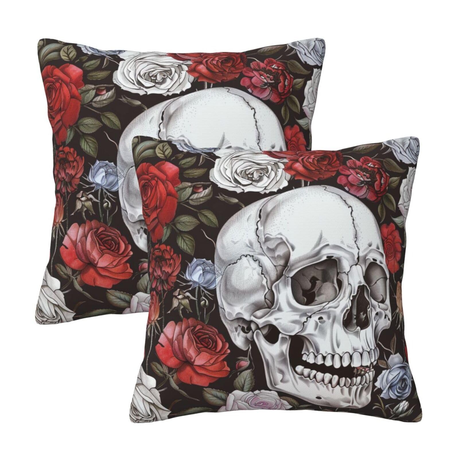 kkvhhyuo Floral Skull Print Pillow Covers Set of 2, Square Decorative Cushion Covers with Hidden Zipper, Throw Pillow Cases for Living Room Sofa Bed Chair, 45x45 cm