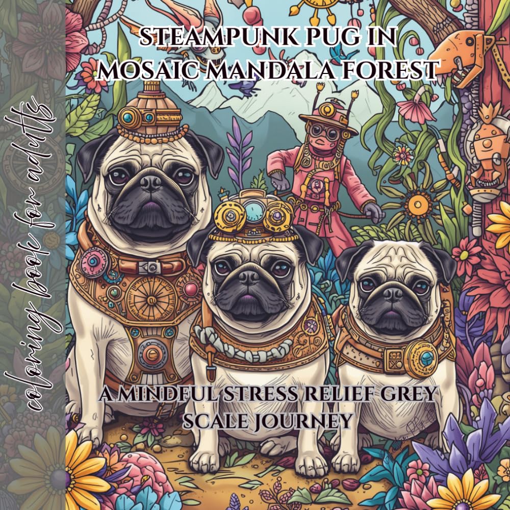 coloring book for adults steampunk pug in mosaic mandala forest: a mindful stress relief grey scale journey