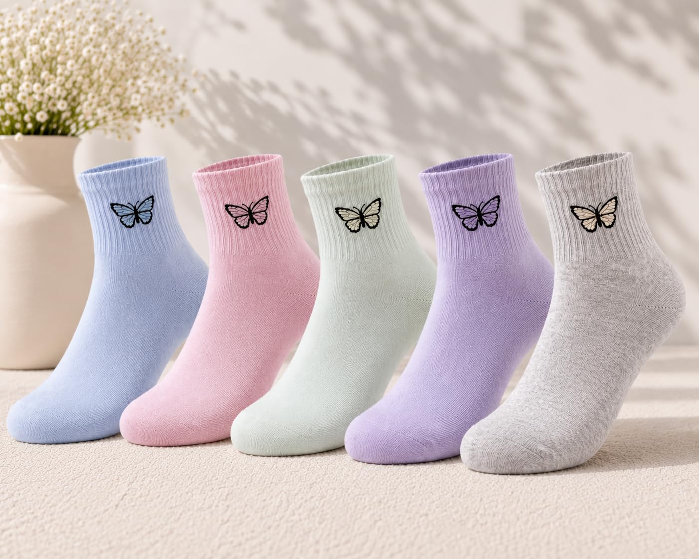 knitsox Women Ankle Socks Pack of 5 | Ladies Pastel Butterfly Embroidered Cotton Blend Casual Low Cut Breathable & Comfortable Everyday Wear Multicolor Stylish Fashion Footwear-picture-0