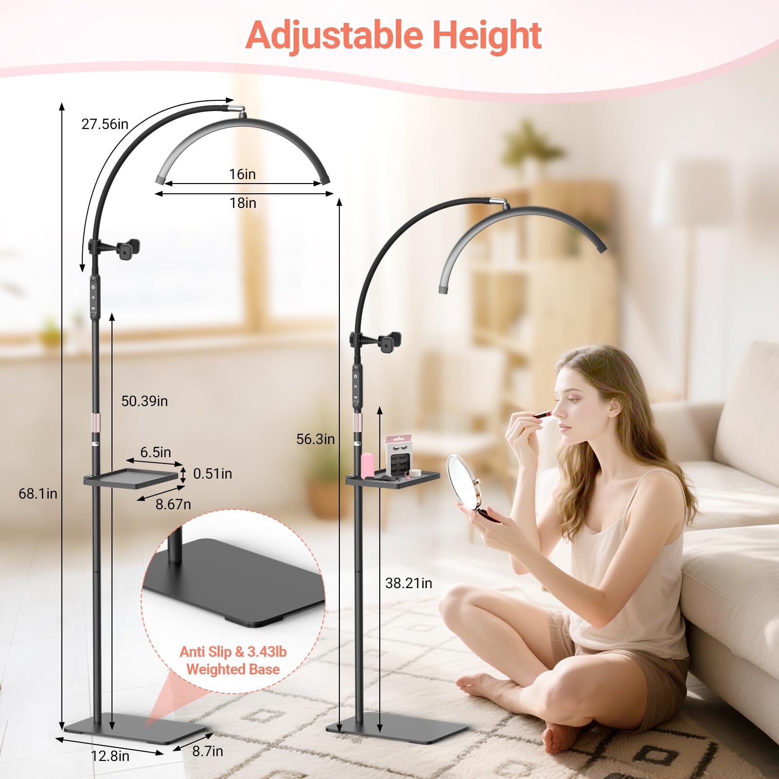 Lampe Extension de Cils Professionnel: 18" Pliable Lampe Demi Lune Onglerie avec 5 Couleurs Intensité Variable & 360° Rotative pour Salon, Domicile, Noir
