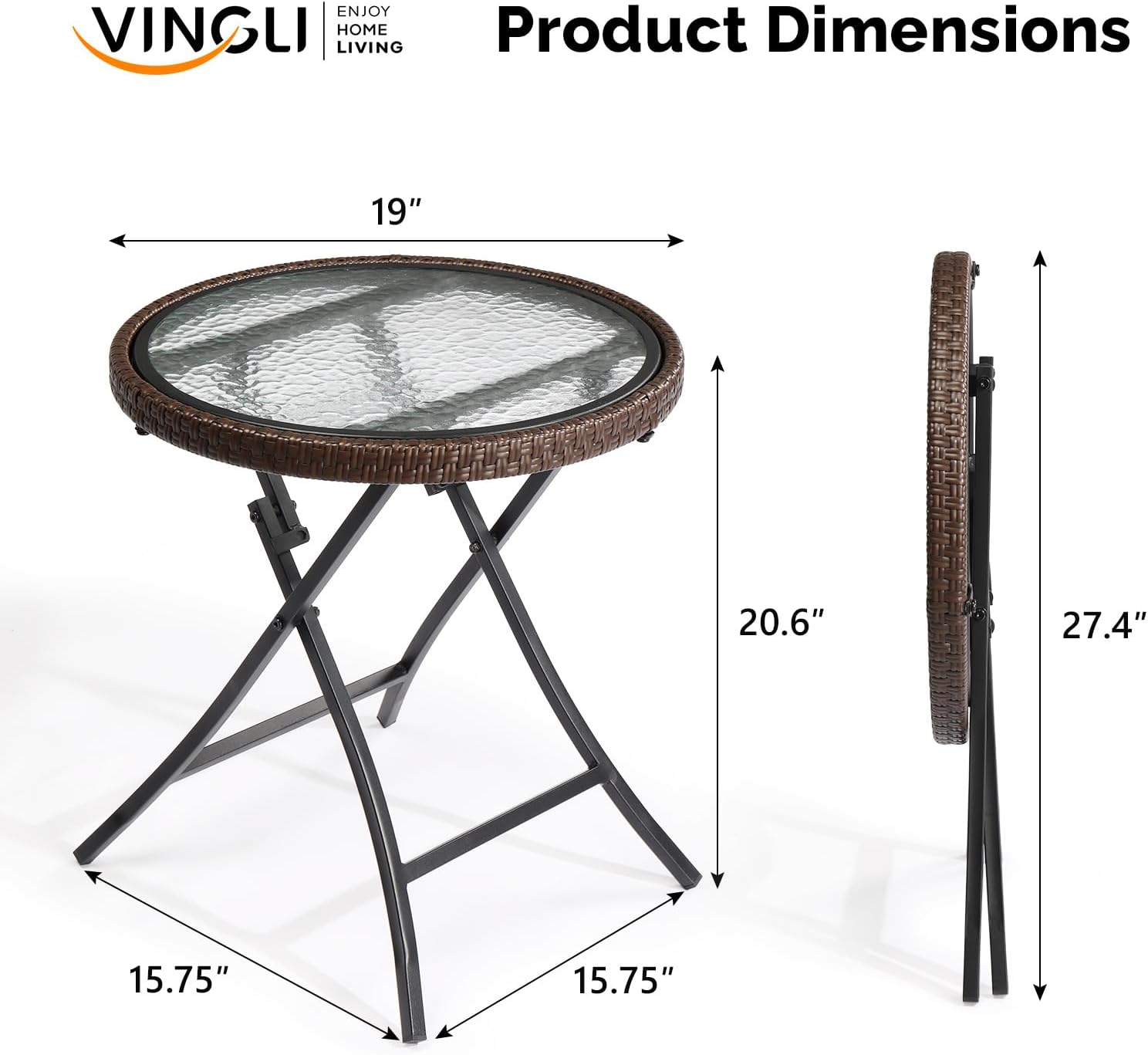 VINGLI 19in Modern Brown Rattan Folding Glass Outdoor Side Table, Small Patio Table with Tempered Glass Top,Round,1 Pack