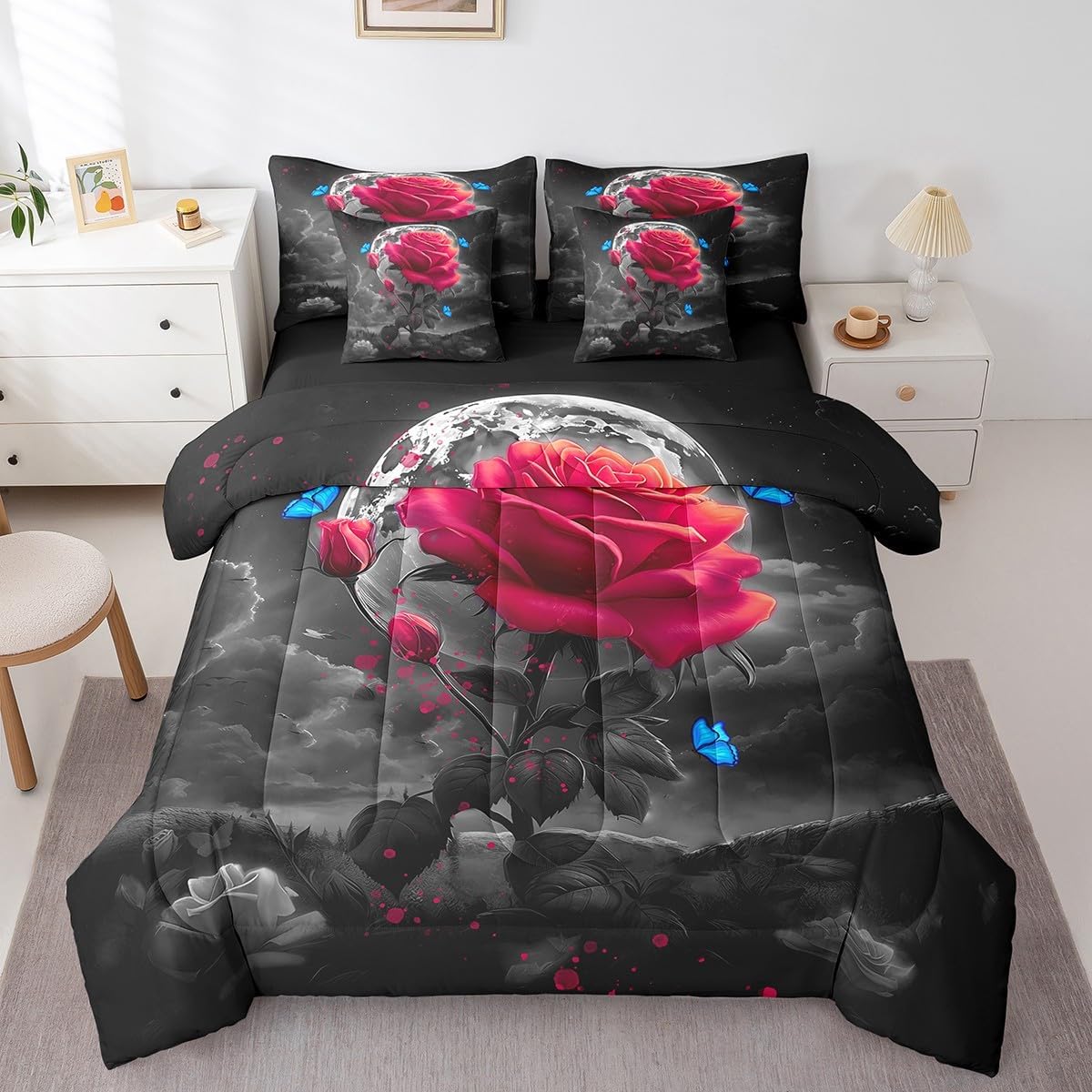 Feelyou Dark Purple Rose 7 Piece Bedding Set Twin Size Dark Purple Flower Comforter Set with Sheets for for Adult Girls Teens Toddler Butterfly Bed in a Bag Romantic Bed Set