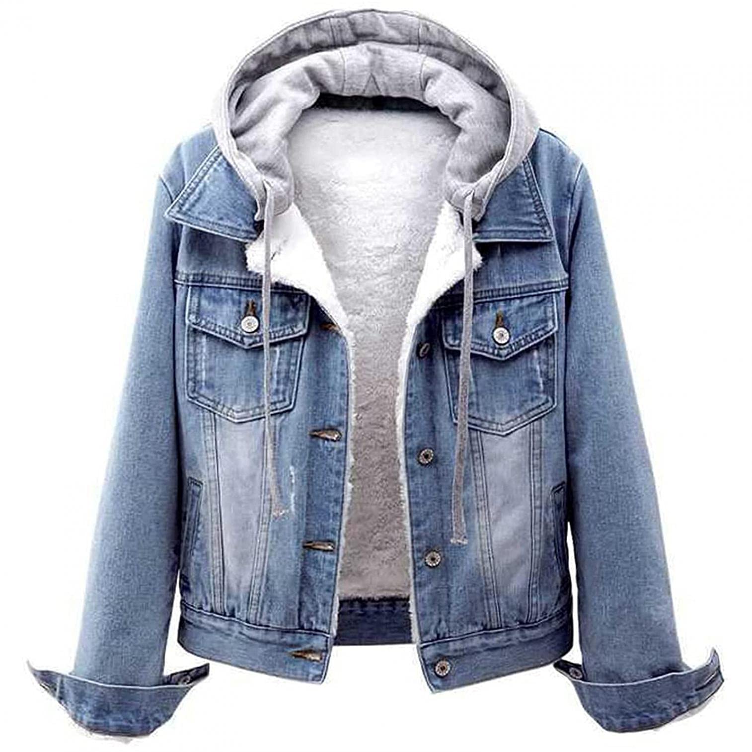 Womens Sherpa Fleece Lined Denim Jacket Button Down Jean Coats Teen Girls Long Sleeve Cropped Tops Hooded Jean Jacket