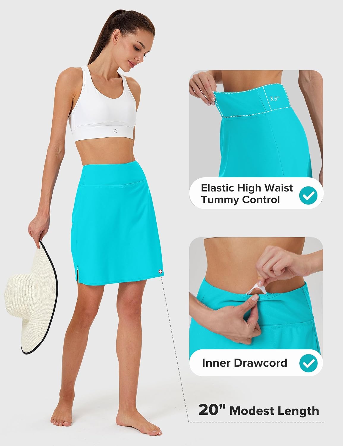 FitsT4 Sports Women's 20'' Swim Skirt Skort with Pocket High Waisted Modest Swimsuit Bathing Suit Bottoms