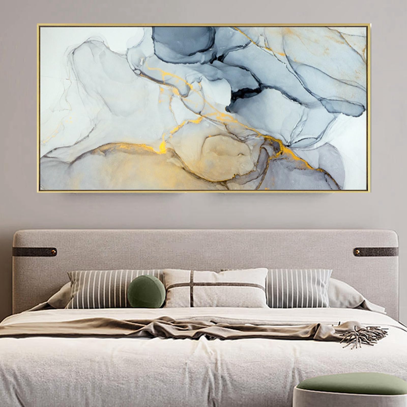 HEHGVCF Quadro da parete grande XXL, per camera da letto, motivo astratto, grigio, blu, oro, moderno, per soggiorno, 1 pezzo, senza cornice (A,60 x 120 cm)