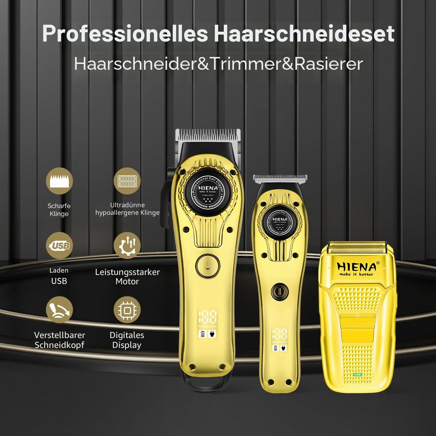 HIENA PRO Barber Set 3 in 1 für Männer, Haarschneidemaschine für Männer, Bartschneider und Rasierer mit LED-Anzeige - Kabellos, Zubehör und Tasche enthalten