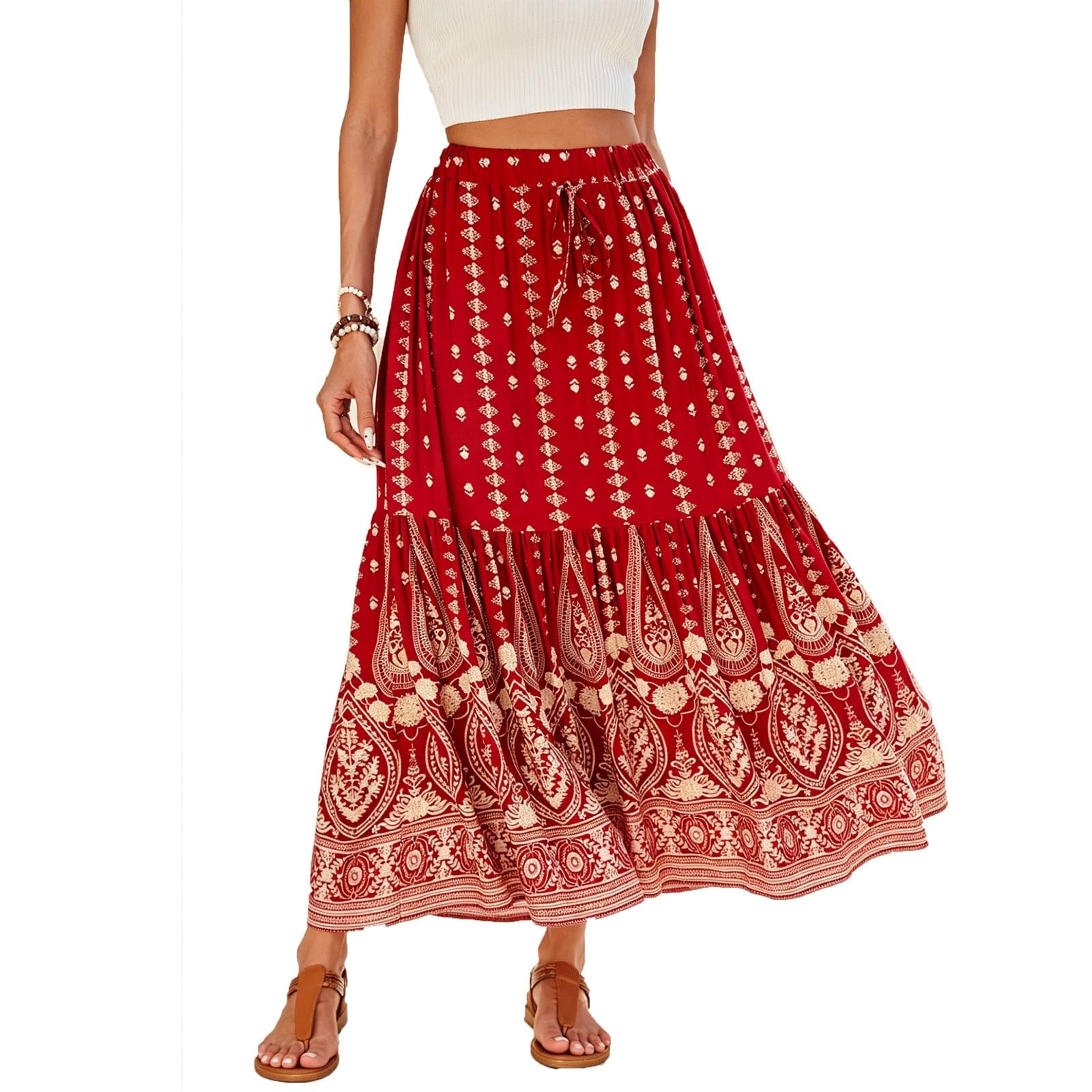 UYHBCNQD Vacation Women's Maxi Skirts Midi Long Skirt High Elastic Waisted(Rot,Lagre)