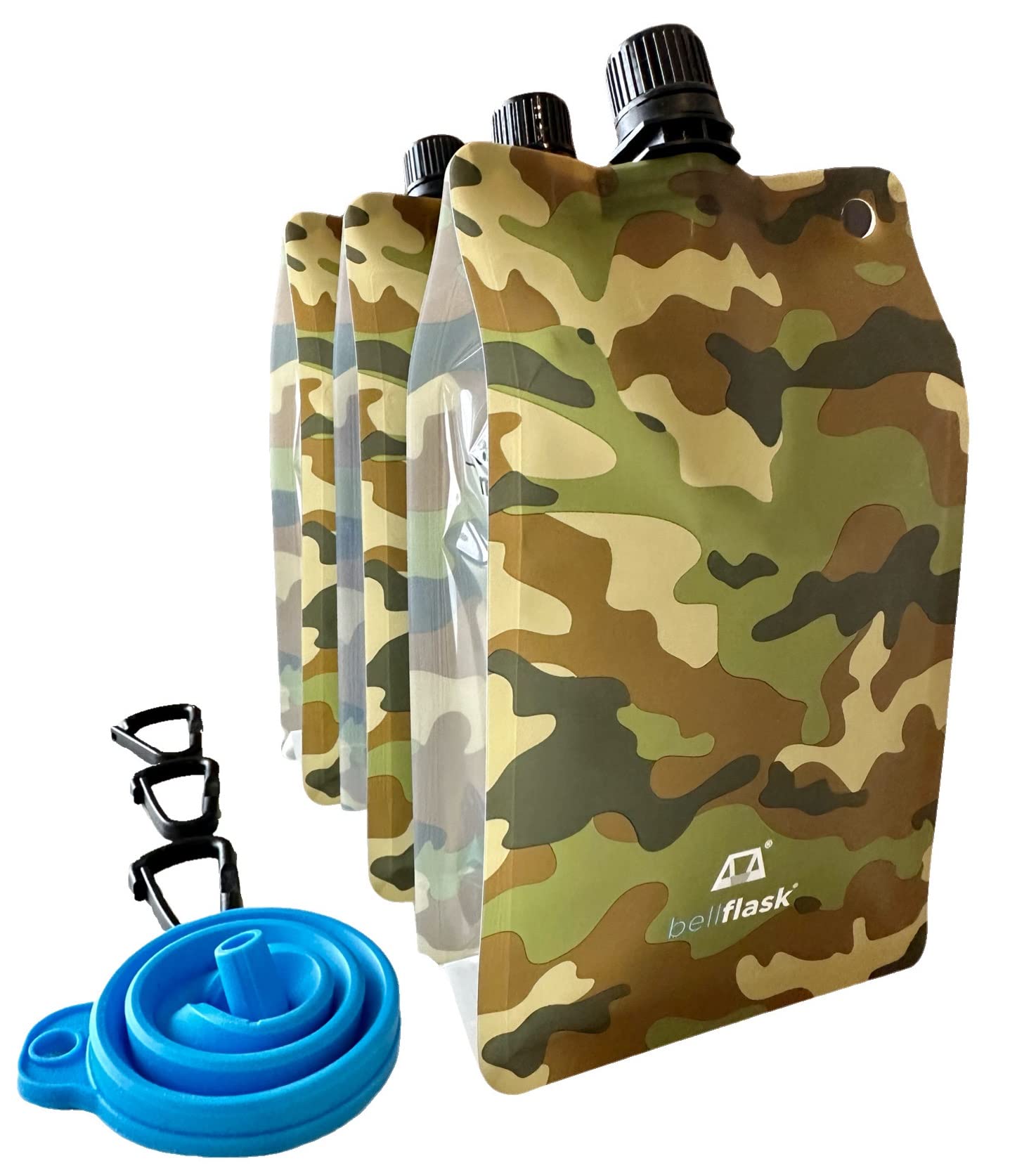BellFlask - 15 oz. Flask, Patented, Flexible, Metal-Free, Reusuable, Plastic, BPA-Free with Carabiner Clip and Filling Funnel