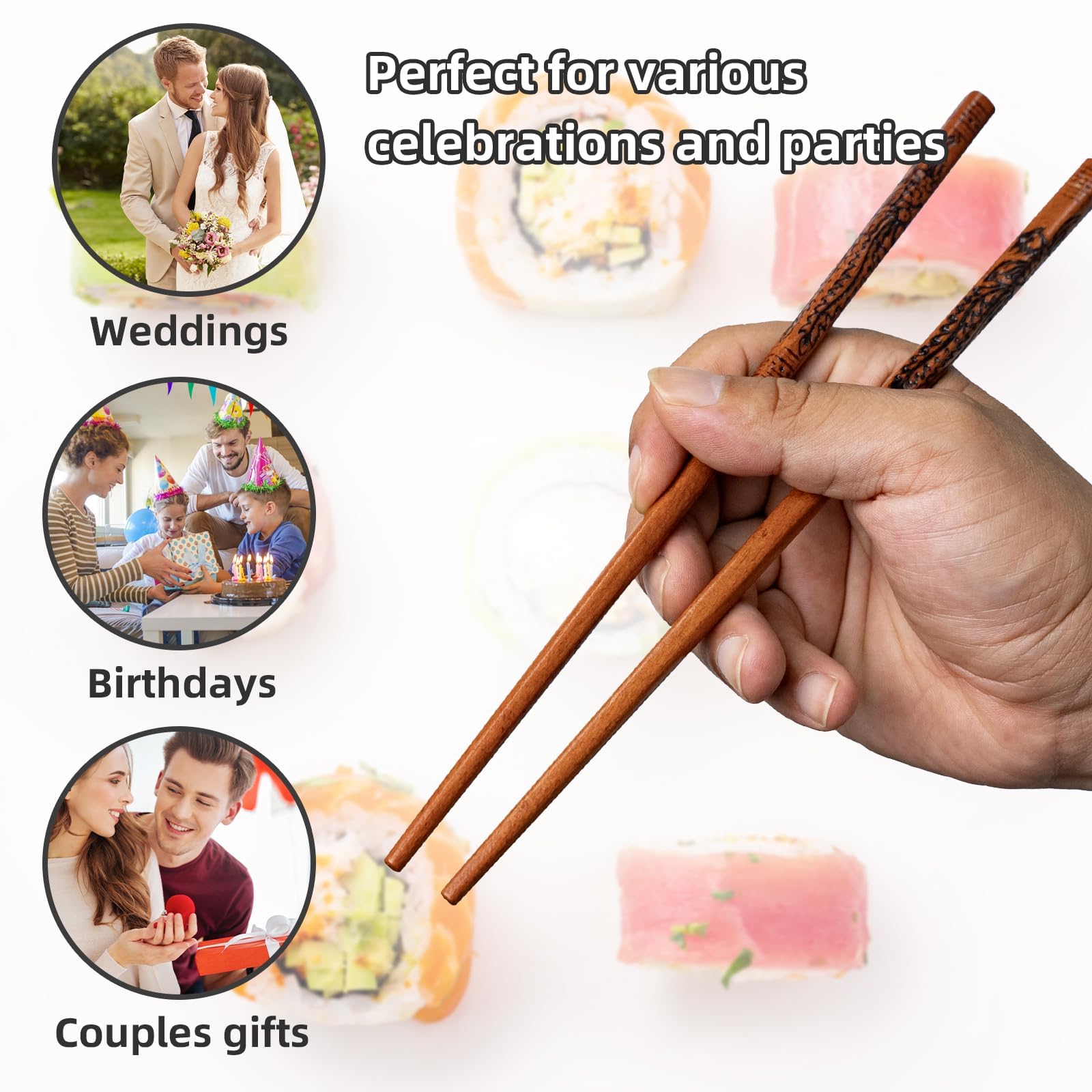 Juego de palillos japoneses reutilizables de 9 pulgadas hechos a mano con diseño grabado, ecológicos y no tóxicos, regalo para amigos, familia, colegas, ideal para cocinas asiáticas