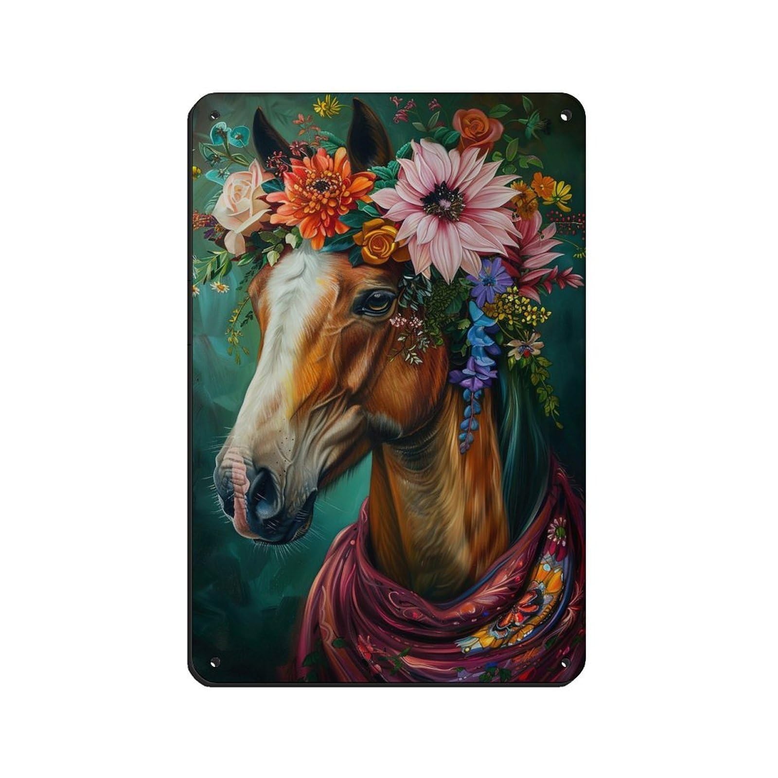 Vintage Maximalist Floral Horse Painting Poster Tin Sign Vintage Metal Pub Club Cafe Bar Home Wall Art Decoration Poster Retro 8x12inch(20x30cm)