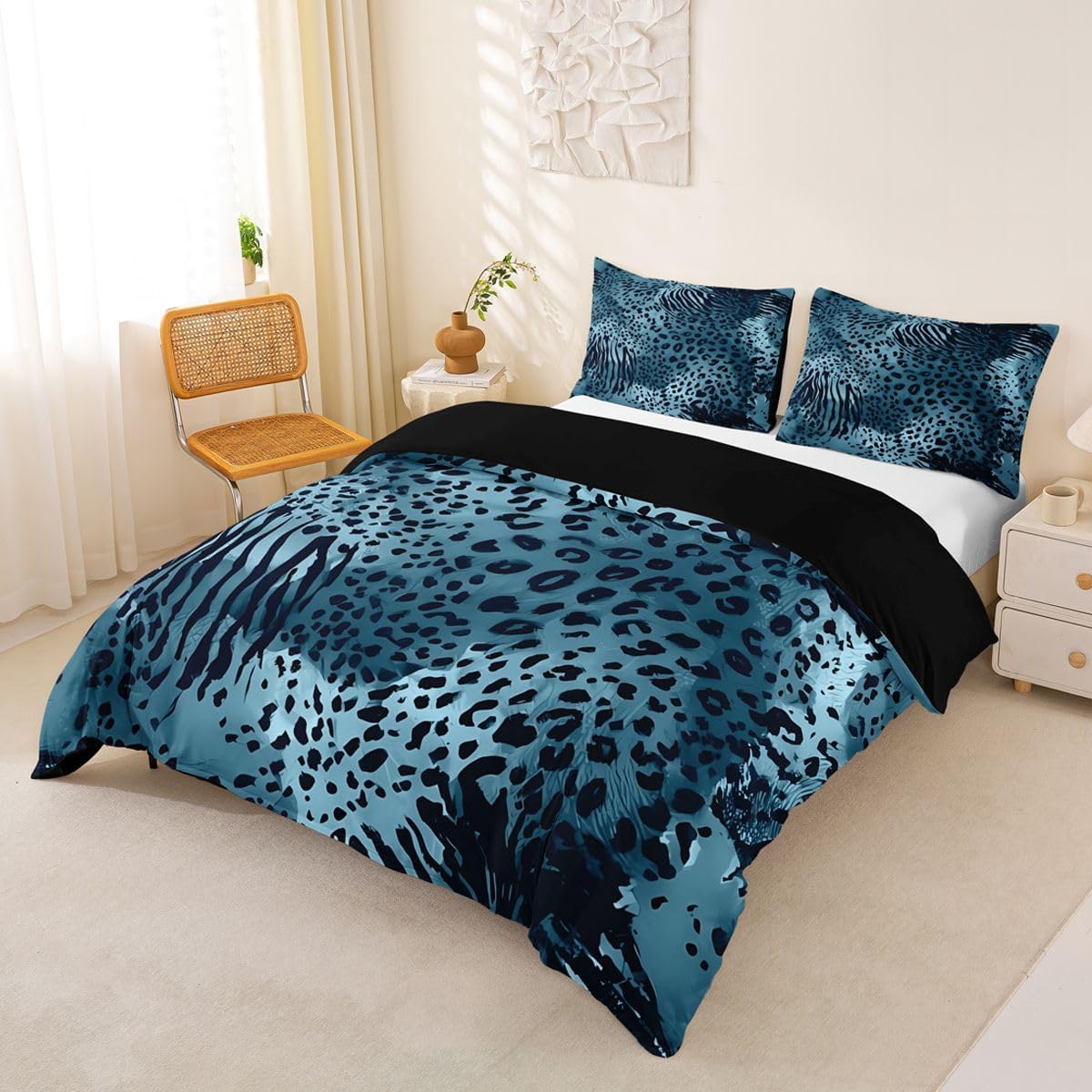 Erosebridal Cheetah Duvet Cover Queen Size Leopard Print Bedding Set for Girls Teens Women Wild Animals African Wildlife Comforter Cover Animal Skin Print Abstract Blue Bedclothes