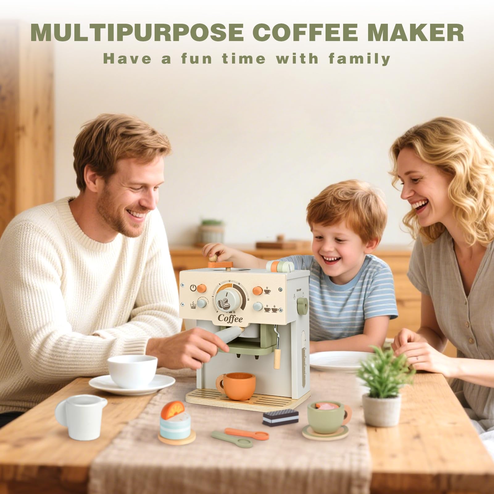 Dreamon Kaffeemaschine Kinder Holz, Kinderküche Zubehör 15 Teile, Montessori Spielzeug, Küchengeräte Kaffeeset Kinder Spielzeug, Küchen Spielzeug Geschenke Jungen und Mädchen ab 3 4 5 Jahre