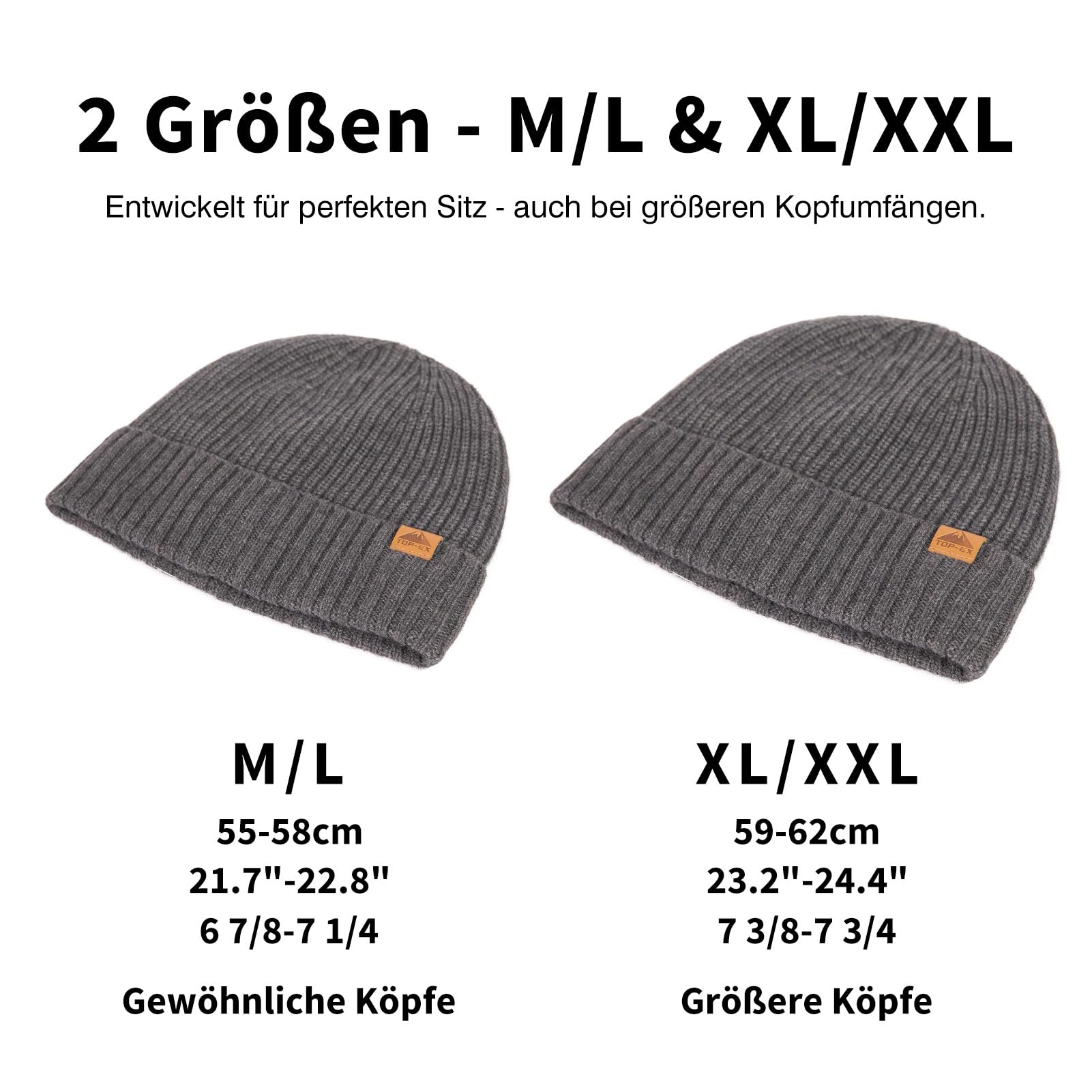 TOP-EX Bonnet d'hiver en laine mérinos XL/XXL - Bonnet tricoté chaud avec poignets et doublure polaire - Bonnet extensible unisexe pour homme et femme - Cadeau pour les jours froids