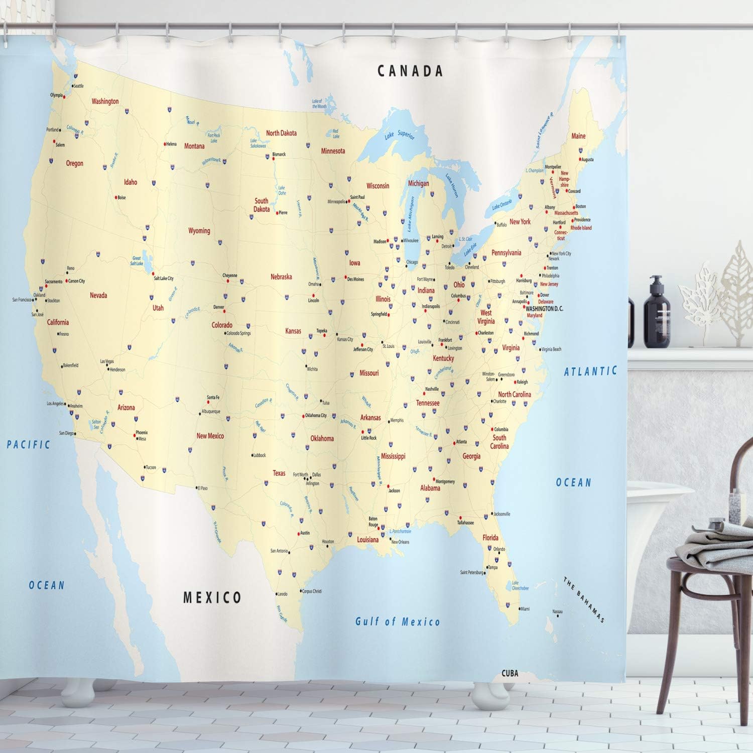 Ambesonne Map Shower Curtain, United States Interstate Map America Cities Travel Destinations Road Route, Cloth Fabric Bathroom Decor Set with Hooks, 69" W x 84" L, Yellow Red Pale Blue