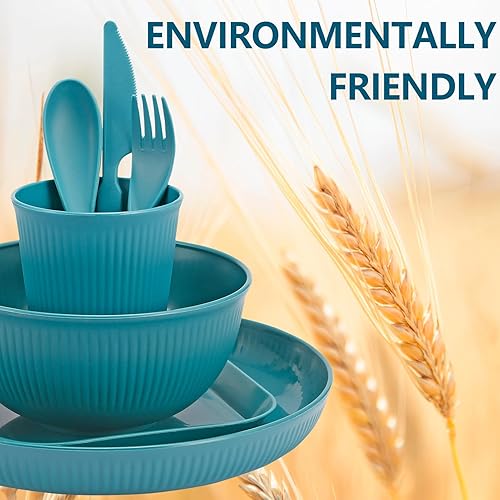 Miniatura 4 de Juego de vajilla de paja de trigo, 48 piezas, platos irrompibles, aptos para microondas, cuencos ligeros y reutilizables con platos, tazas,