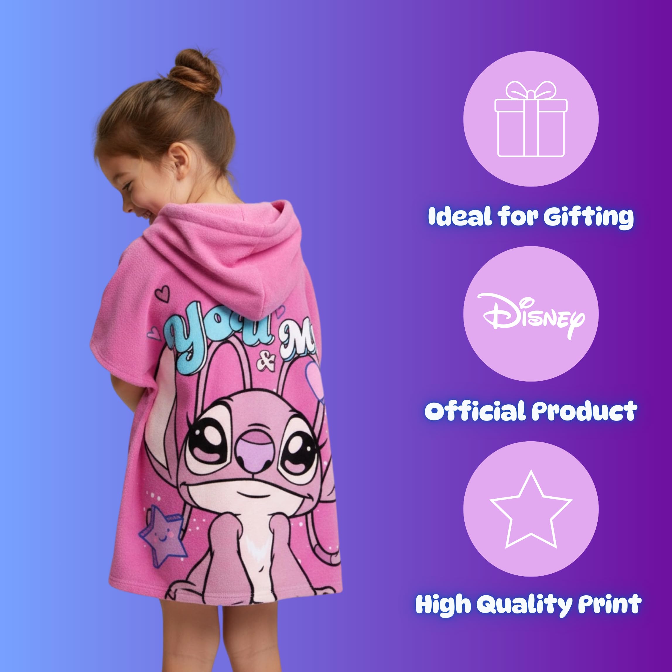 Disney Stitch y Angel Toalla Poncho para Niñas, Toalla de Playa, Toalla de Baño con Capucha, Toalla Natación Infantil