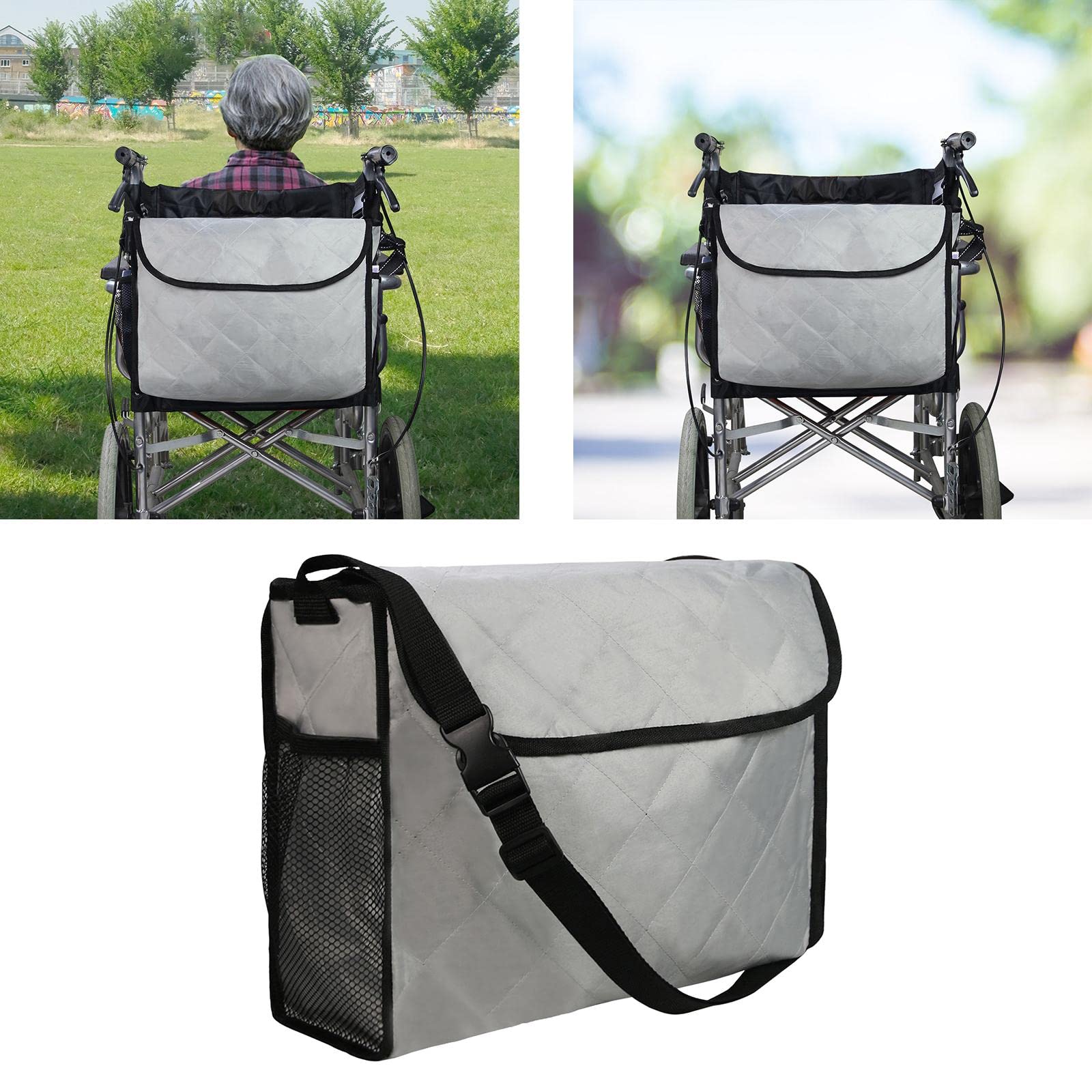 Bolsa Organizadora para Silla de Ruedas con Múltiples Compartimentos Y Correa para El Hombro, de Poliéster, Práctica para Adultos Y Mayores, Gris