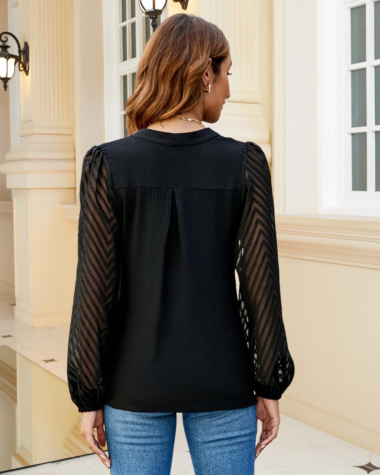 Camiseta Mujer Blusa de Encaje Manga Larga Elegantes Top Chifón Informal Camisa con Cuello en V Otoño Túnica Color Sólido de Trabajo