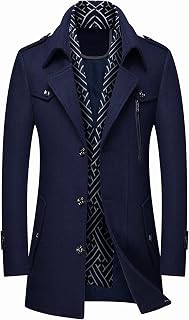Men's Slim Fit Woolen Pea Coat Single Breasted Winter Warm Long Trench Jackets With Removable Soft Scarf